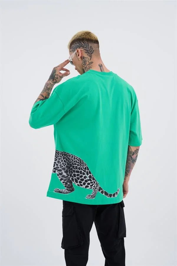 Erkek Leopard Baskılı Oversize Tişört Elektrik Yeşili