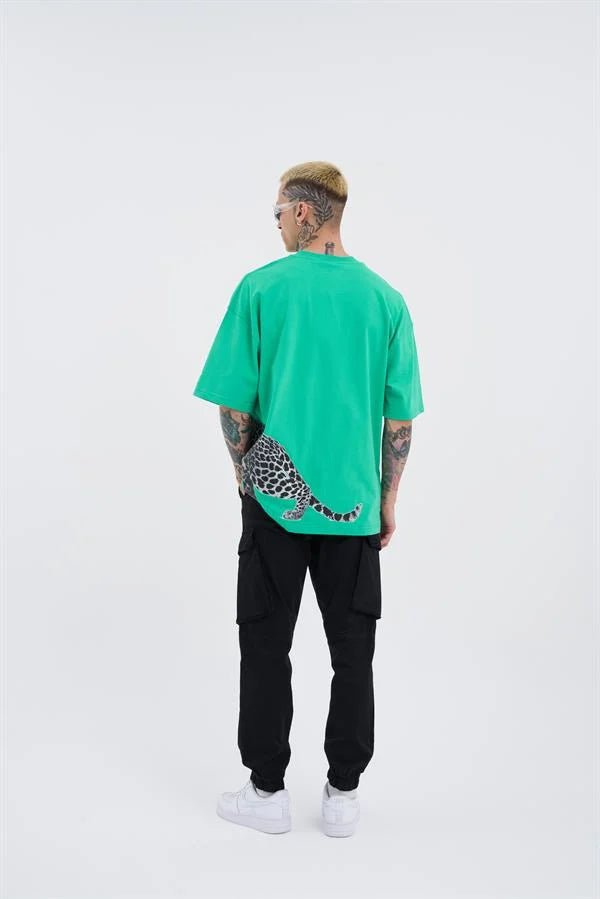 Erkek Leopard Baskılı Oversize Tişört Elektrik Yeşili
