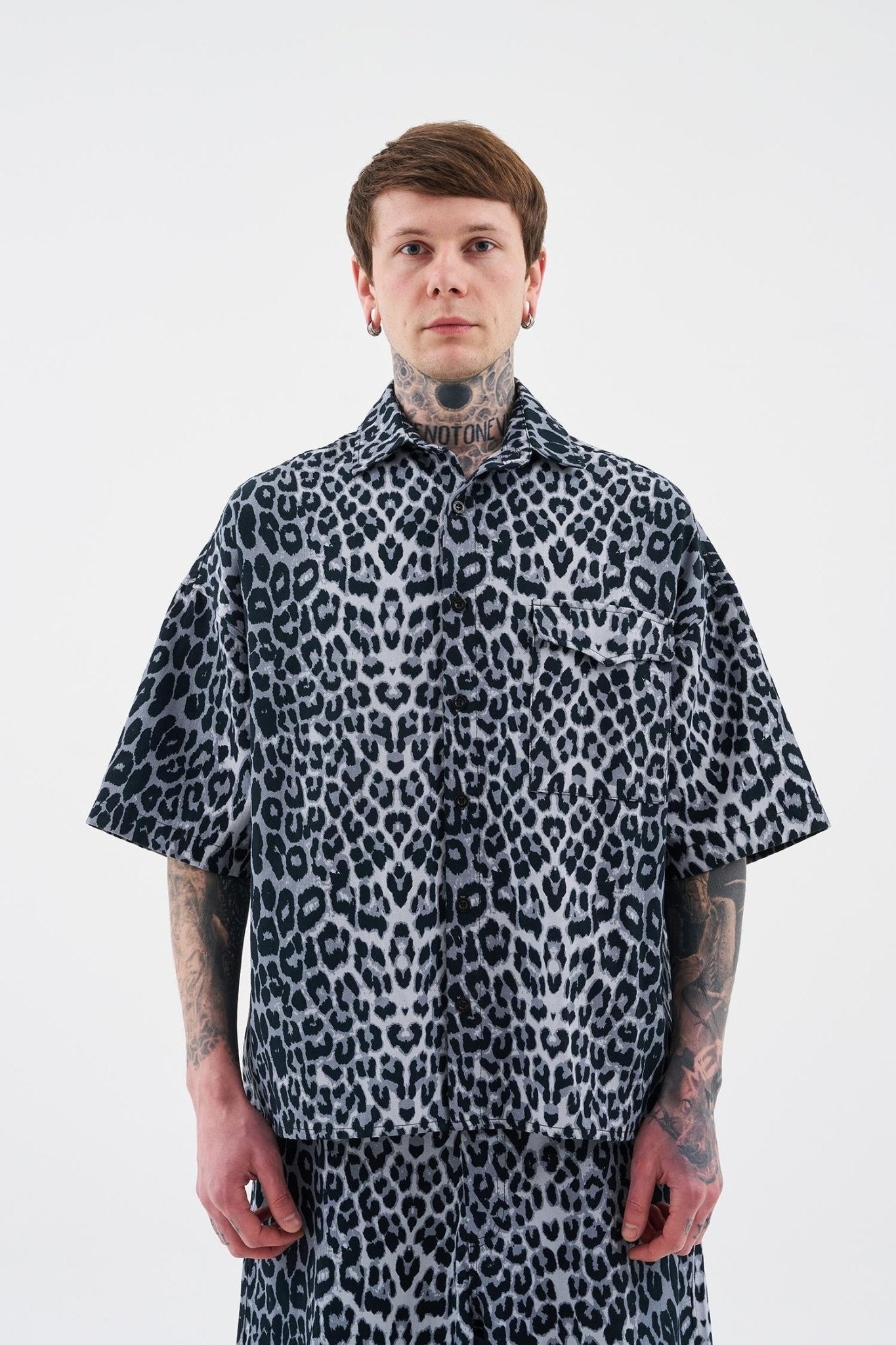 Erkek Leopard Patterned Gömlek Siyah