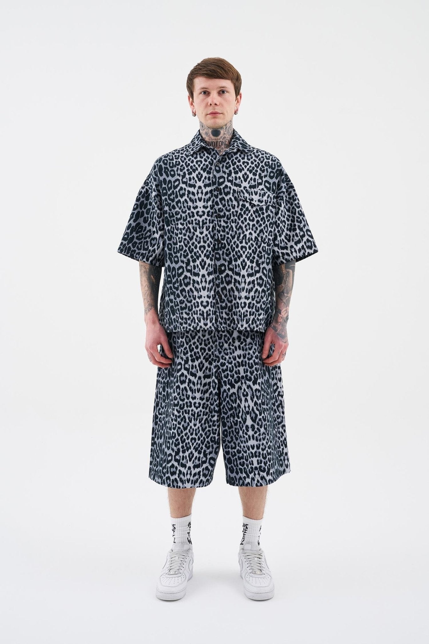 Erkek Leopard Patterned Gömlek Siyah