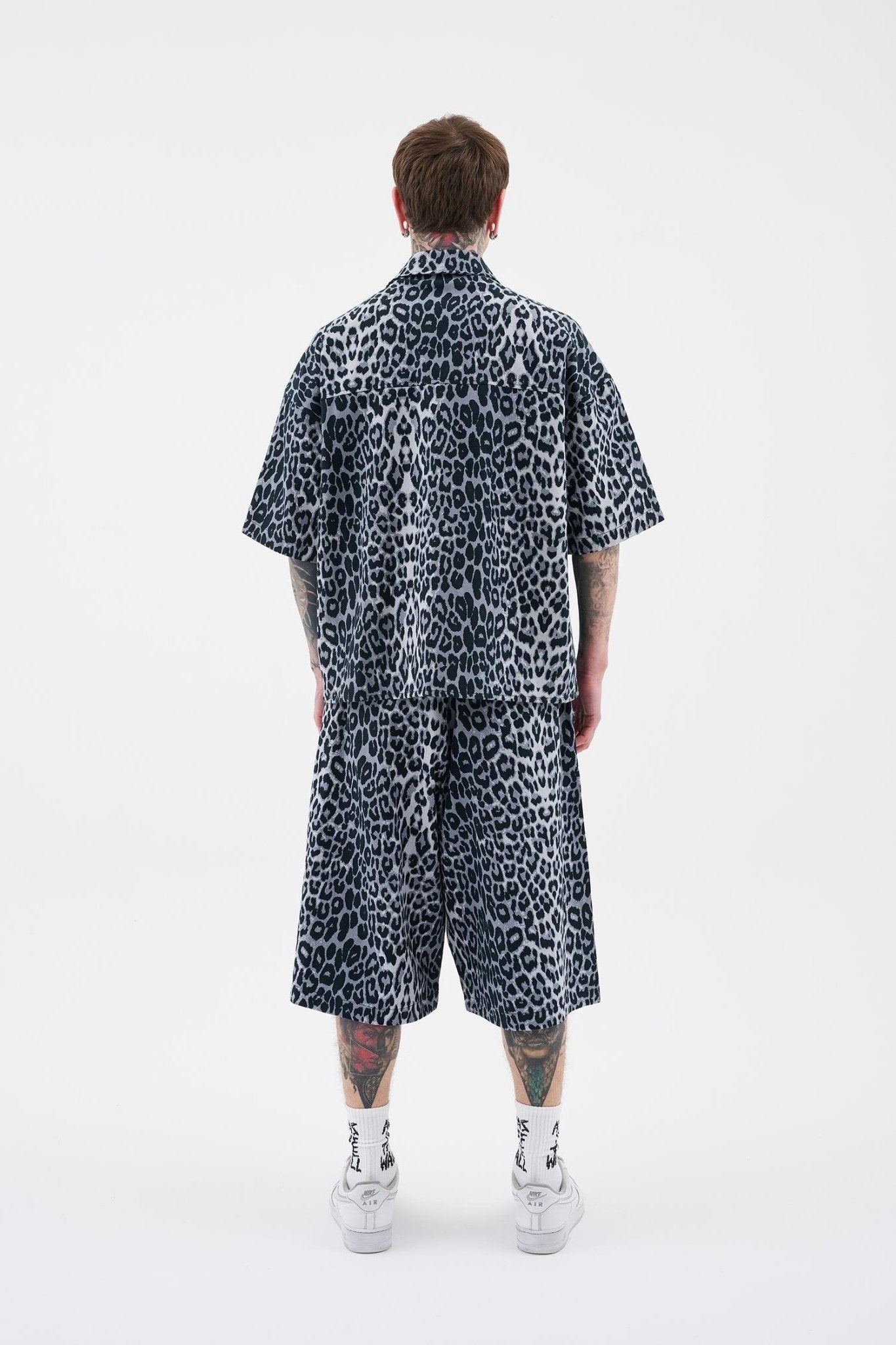 Erkek Leopard Patterned Gömlek Siyah