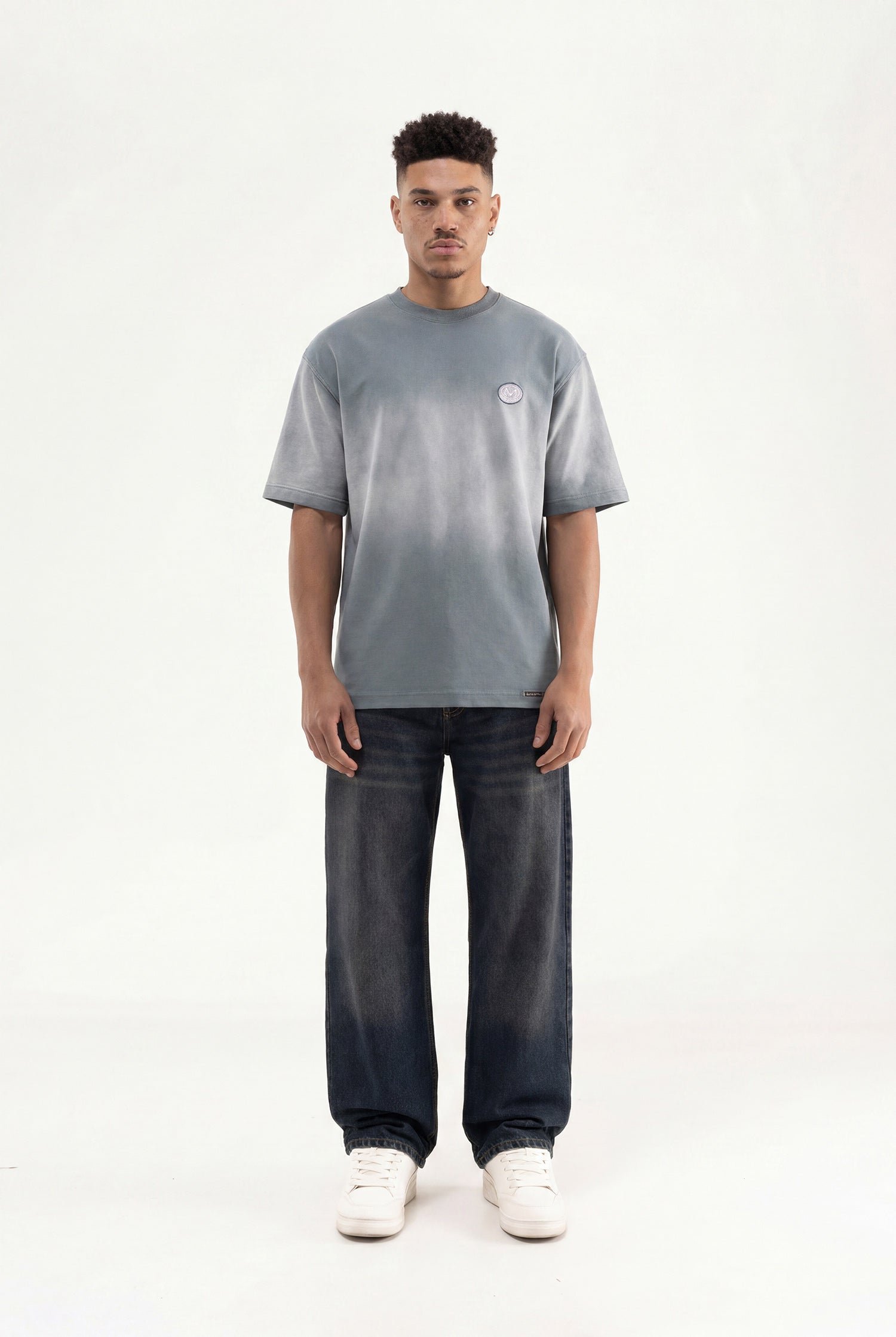 Erkek Logo Embroidered Oversize Tişört Gri-4