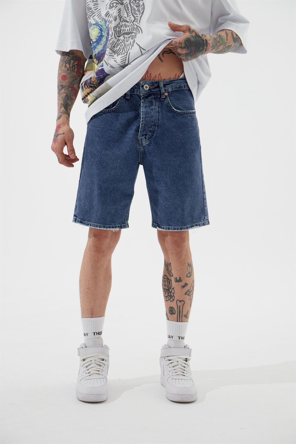 Erkek Loose Fith Denim Bermuda Şort Koyu Mavi