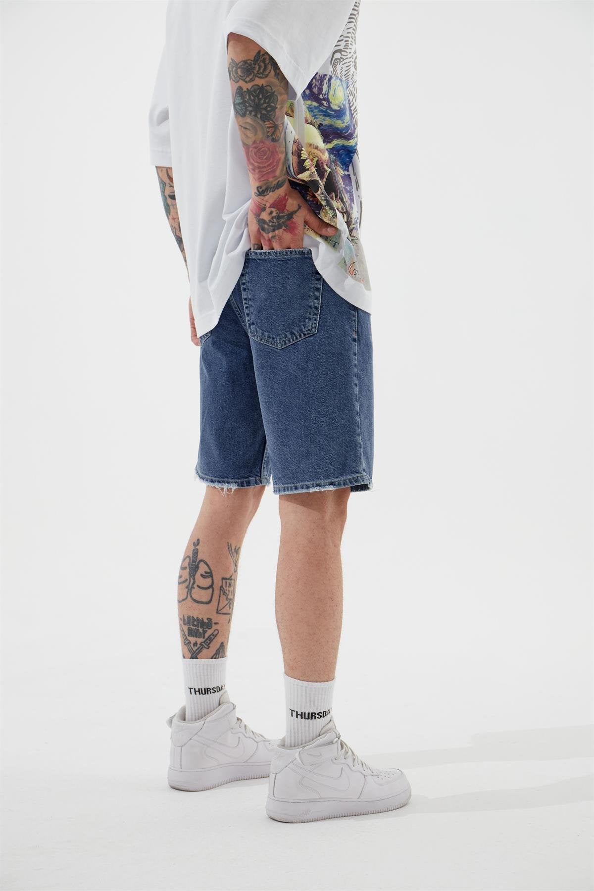 Erkek Loose Fith Denim Bermuda Şort Koyu Mavi