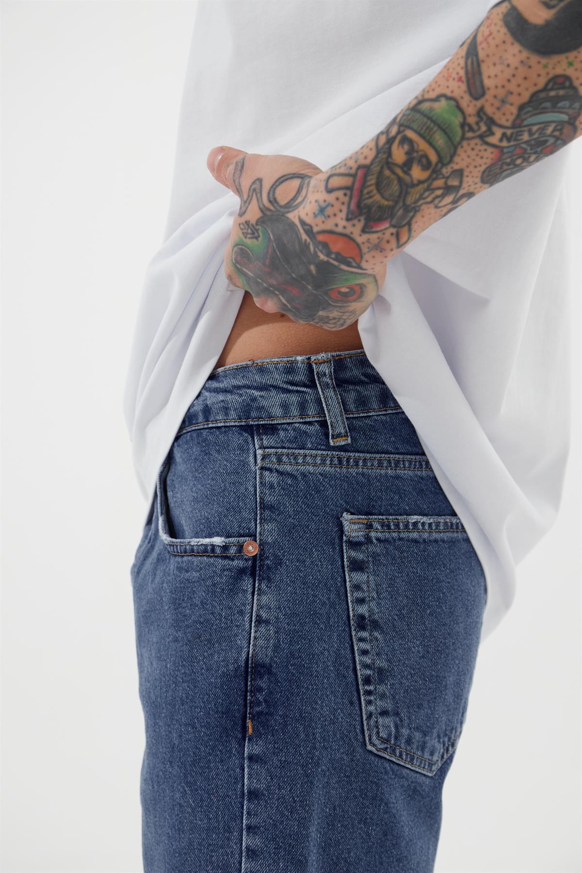 Erkek Loose Fith Denim Bermuda Şort Koyu Mavi