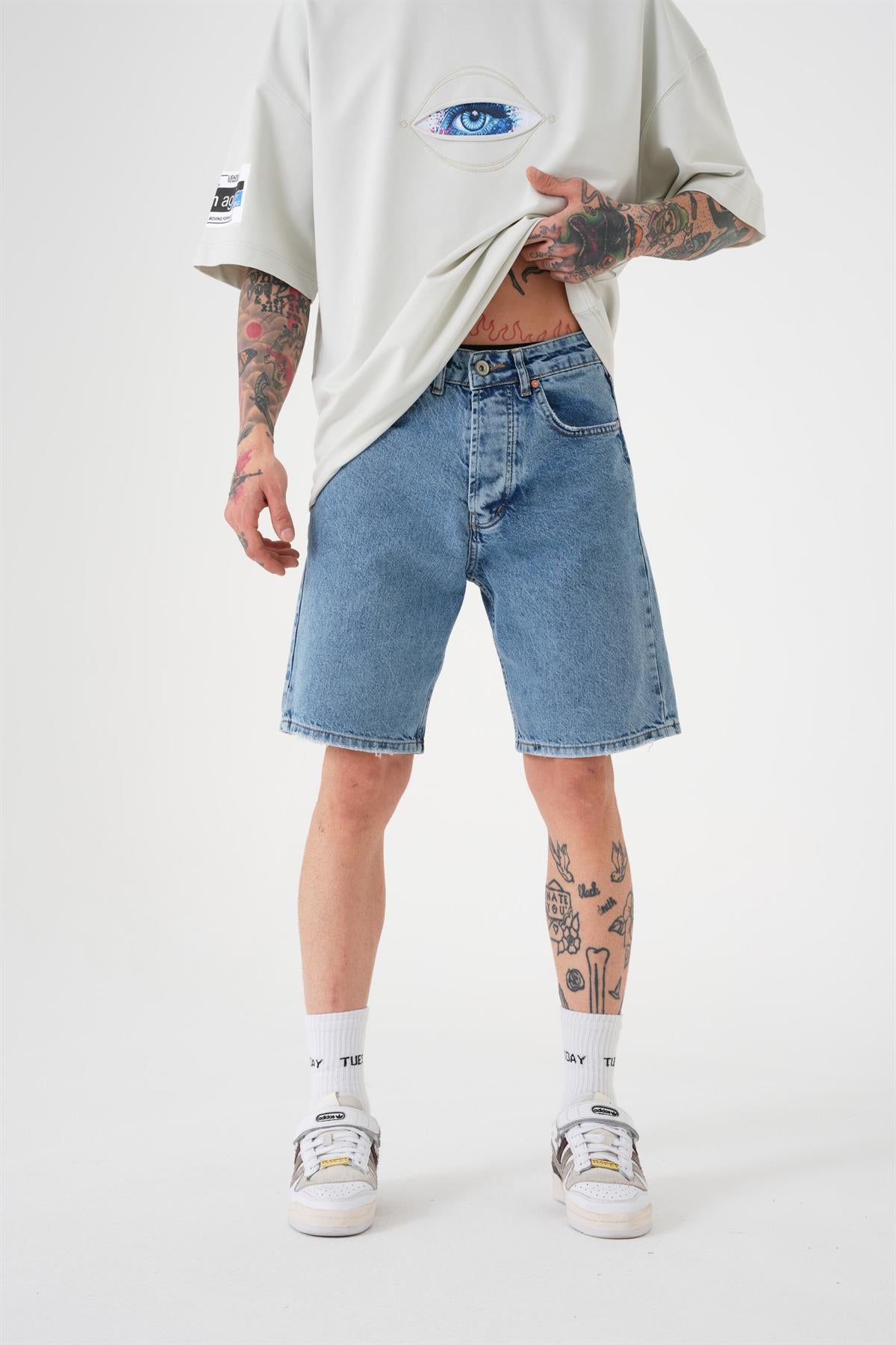 Erkek Loose Fith Denim Bermuda Şort Mavi