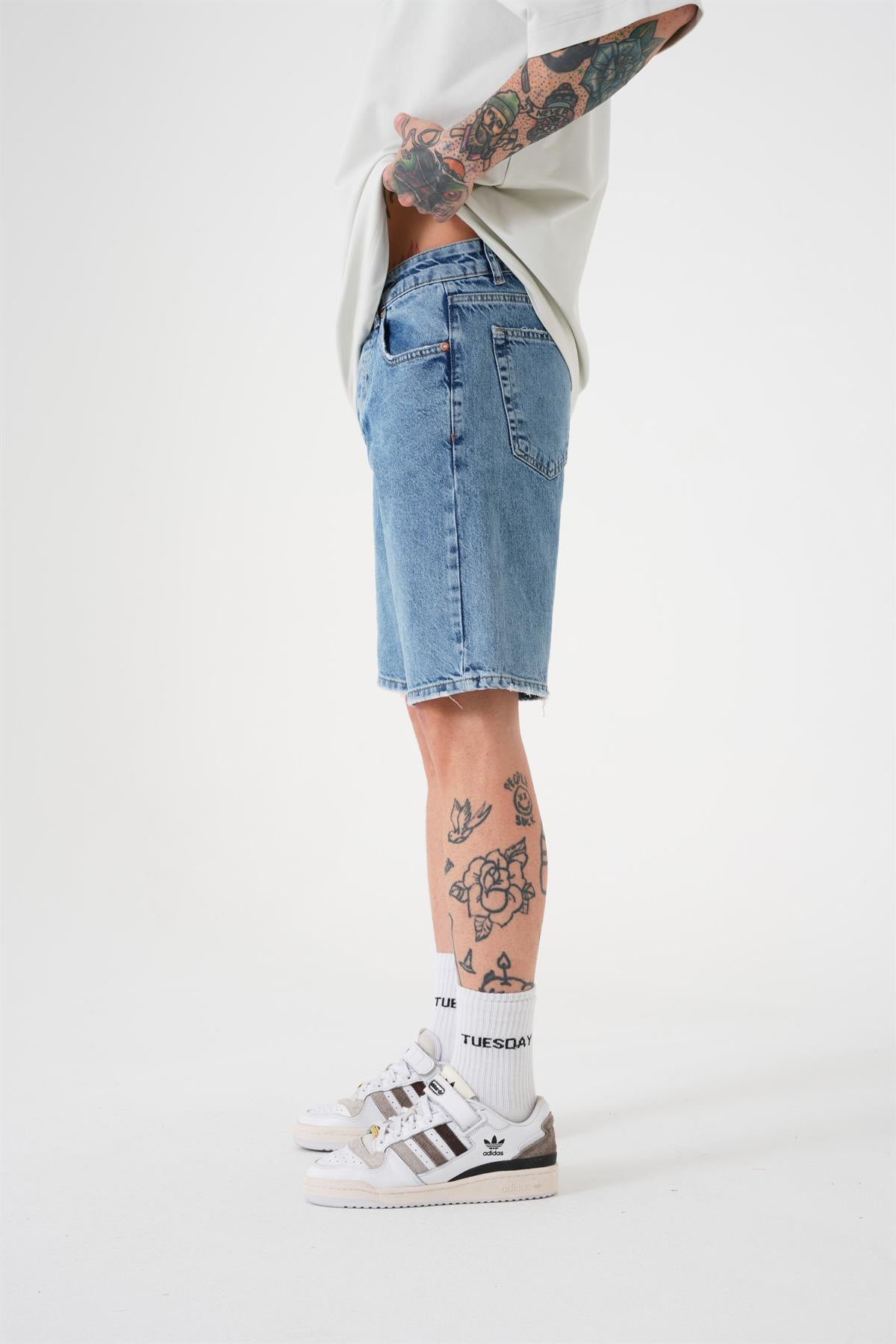 Erkek Loose Fith Denim Bermuda Şort Mavi