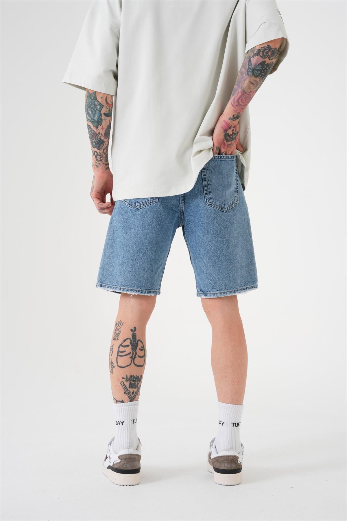 Erkek Loose Fith Denim Bermuda Şort Mavi