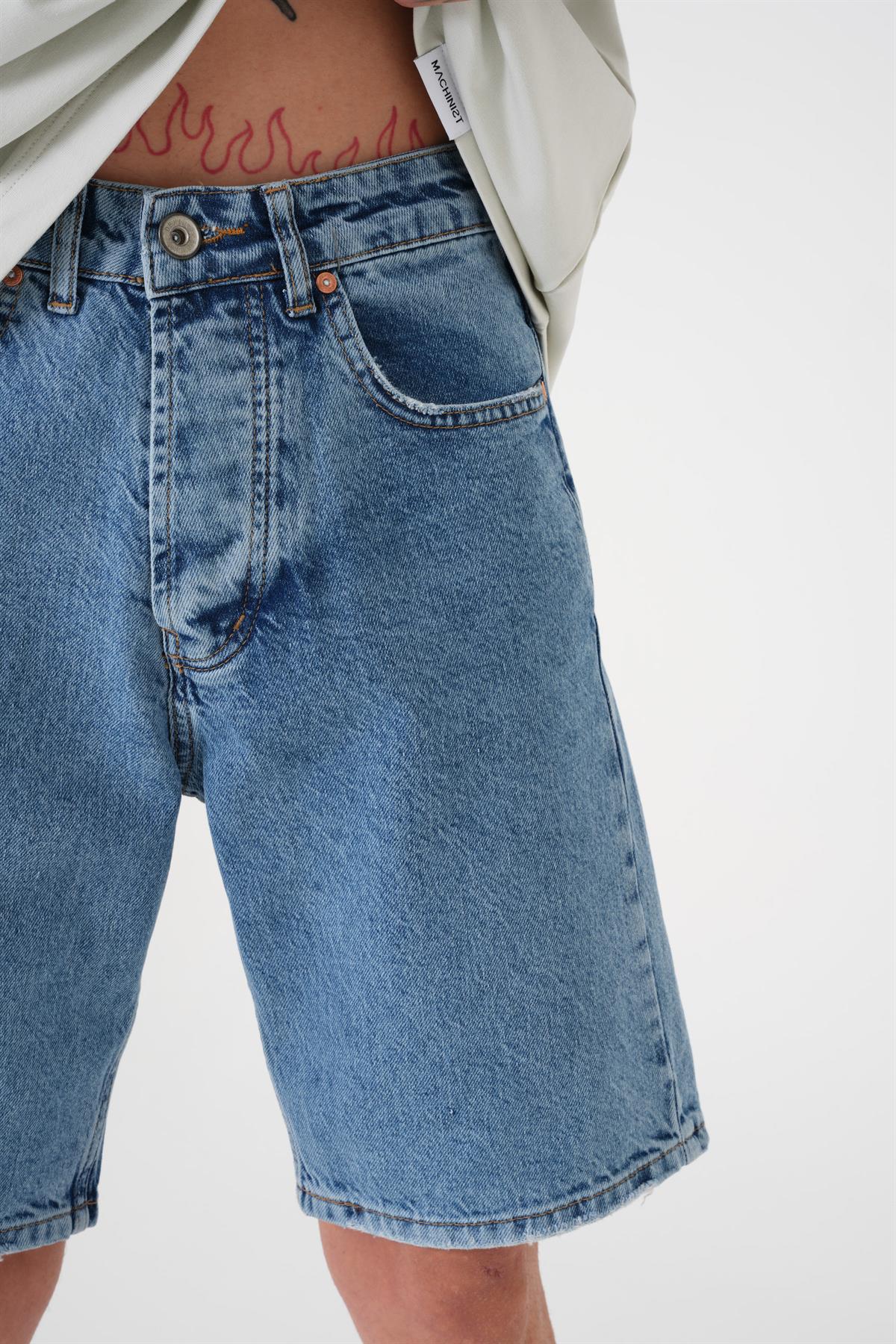 Erkek Loose Fith Denim Bermuda Şort Mavi
