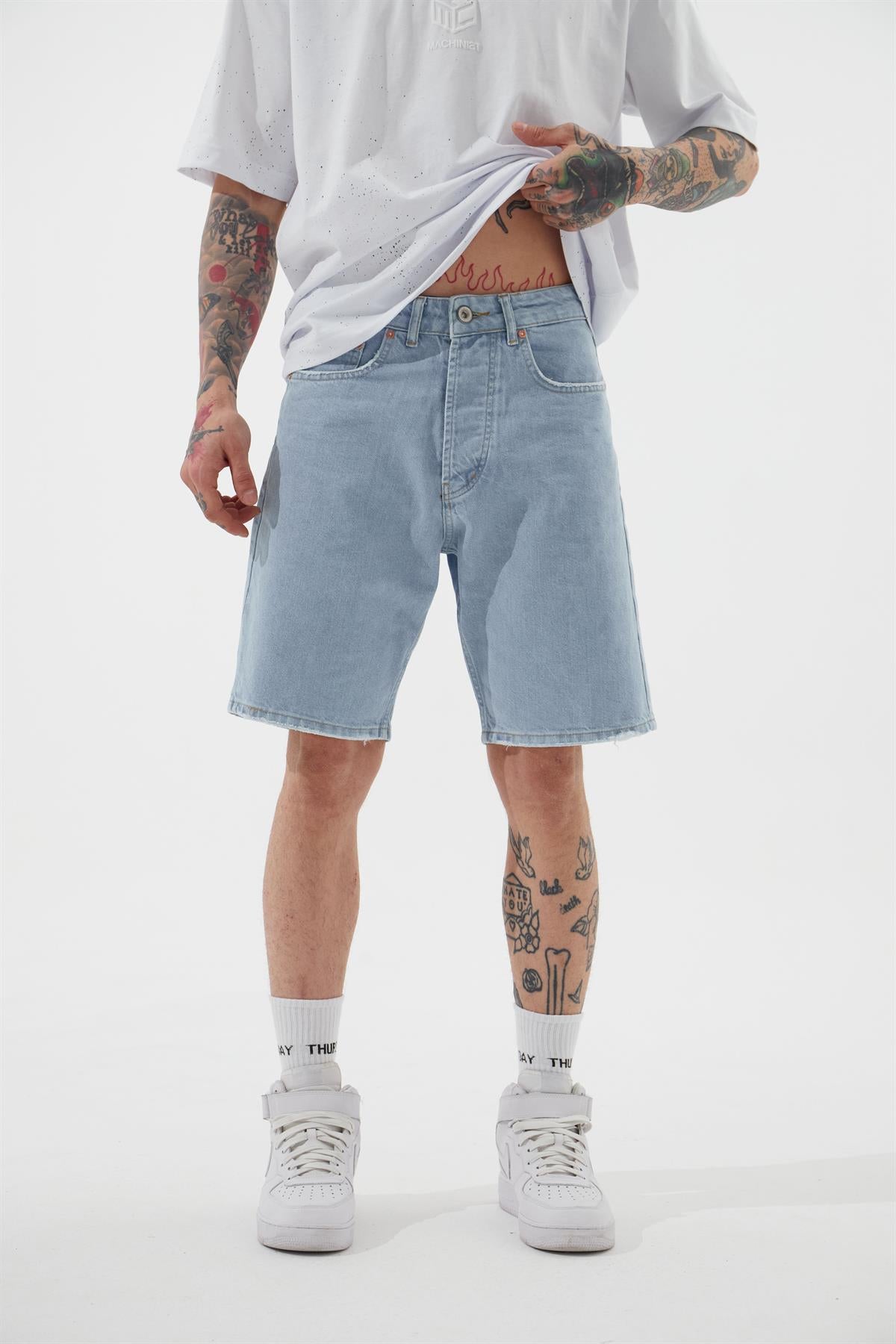 Erkek Loose Fith Denim Bermuda Şort Mavi