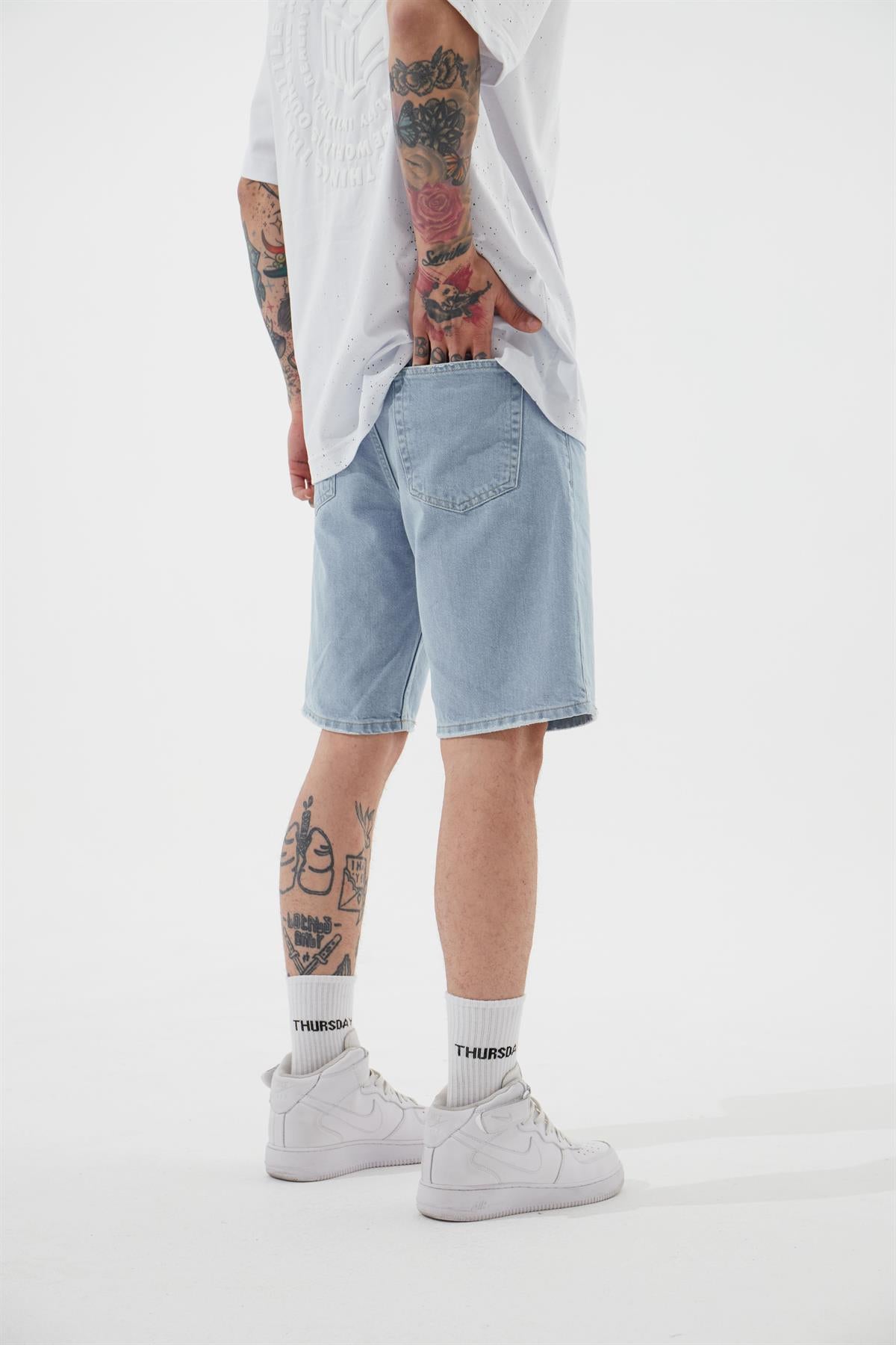 Erkek Loose Fith Denim Bermuda Şort Mavi