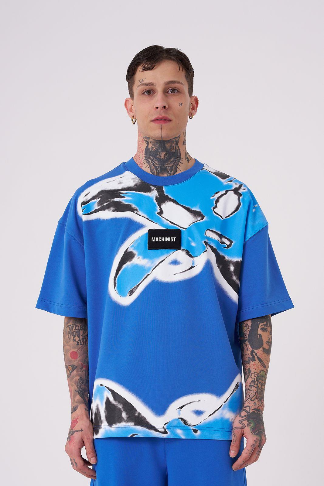 Erkek Lotus Flower Baskılı Oversize Tişört Açık Mavi