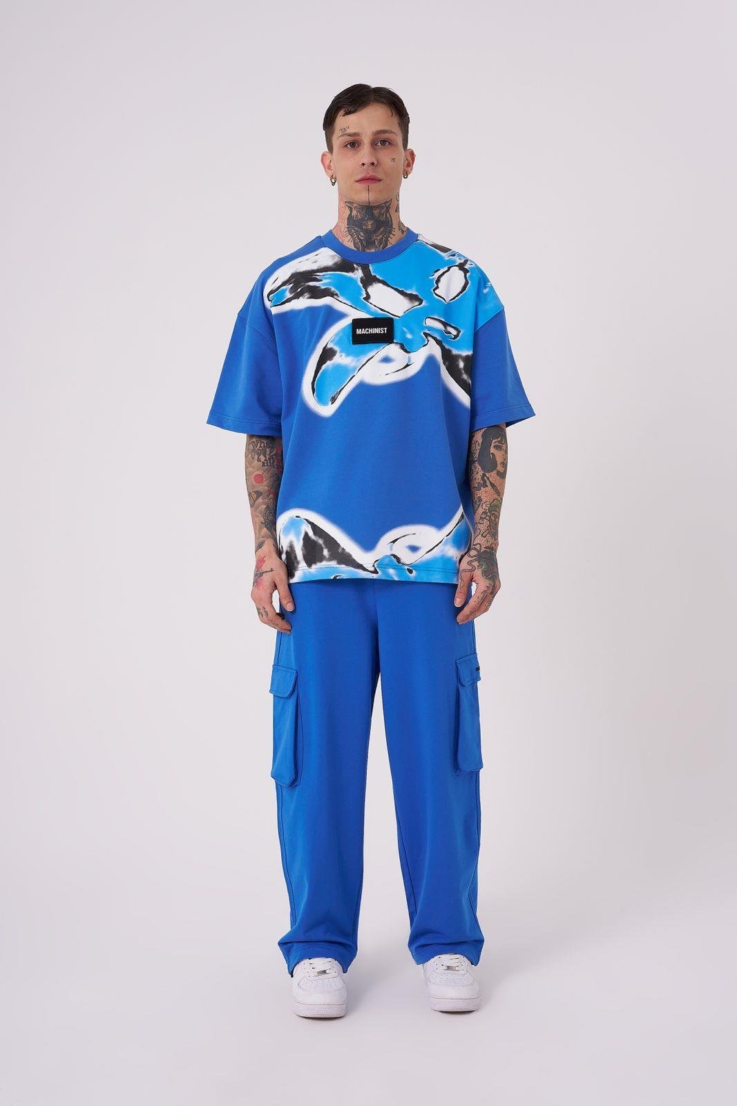 Erkek Lotus Flower Baskılı Oversize Tişört Açık Mavi