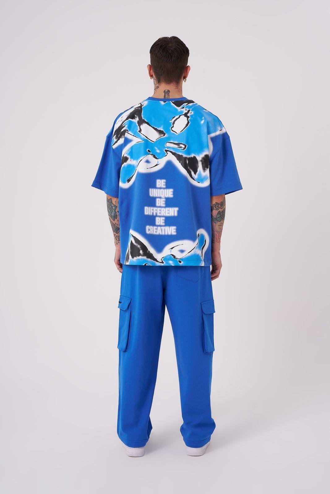 Erkek Lotus Flower Baskılı Oversize Tişört Açık Mavi