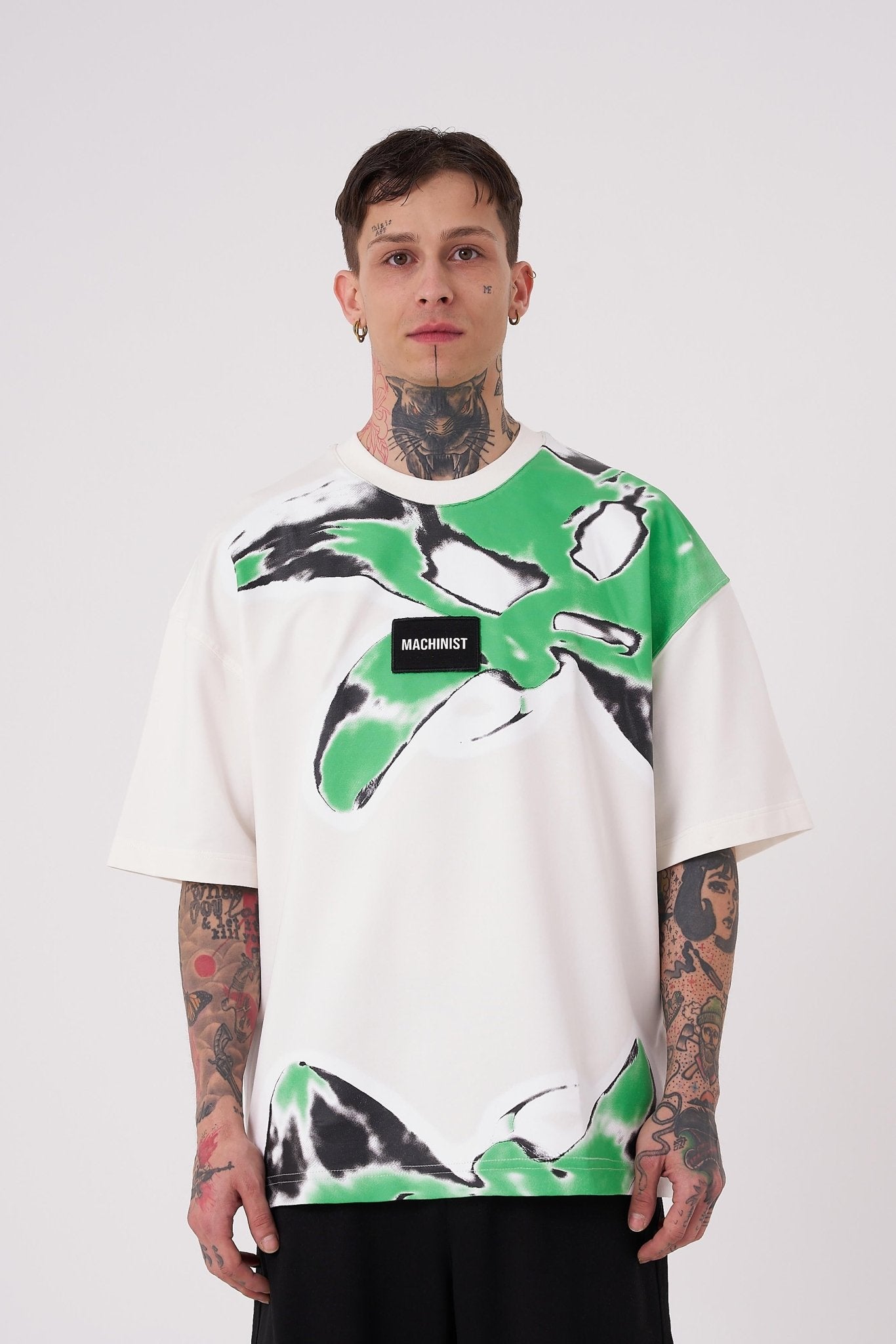 Erkek Lotus Flower Baskılı Oversize Tişört Ekru