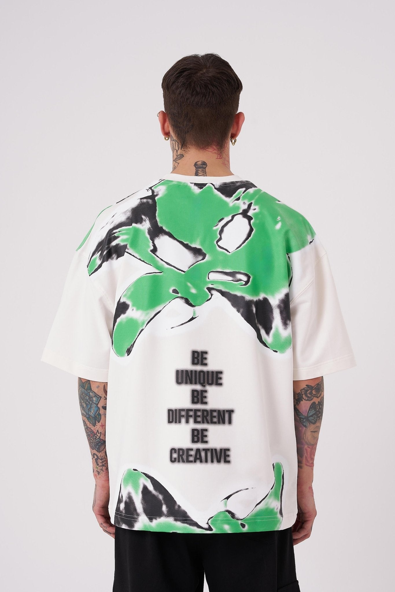 Erkek Lotus Flower Baskılı Oversize Tişört Ekru