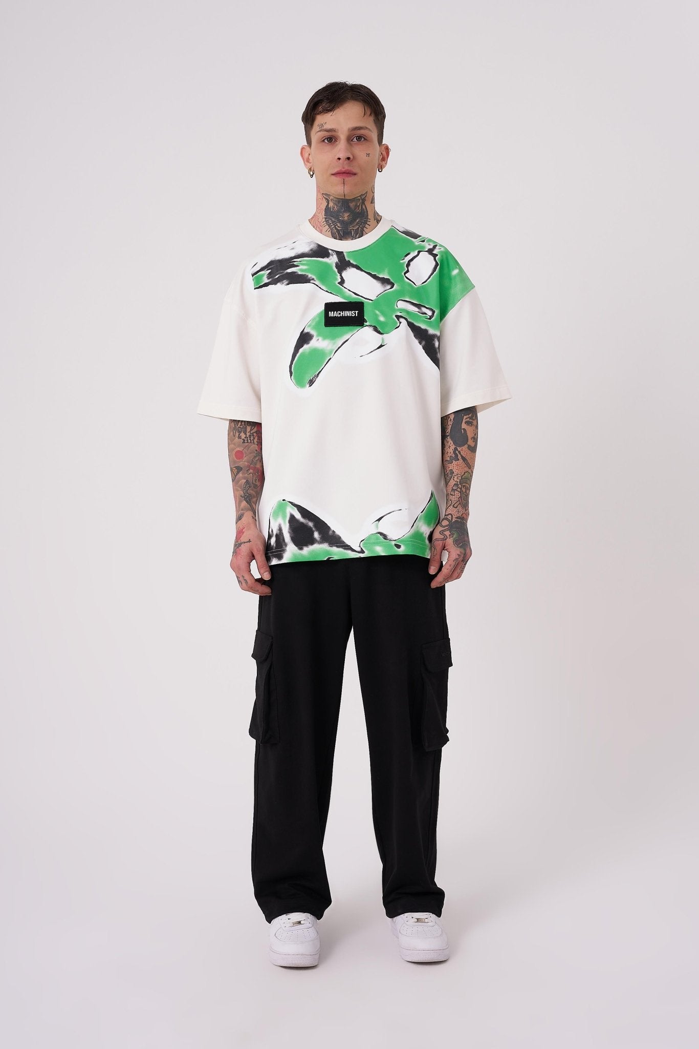 Erkek Lotus Flower Baskılı Oversize Tişört Ekru