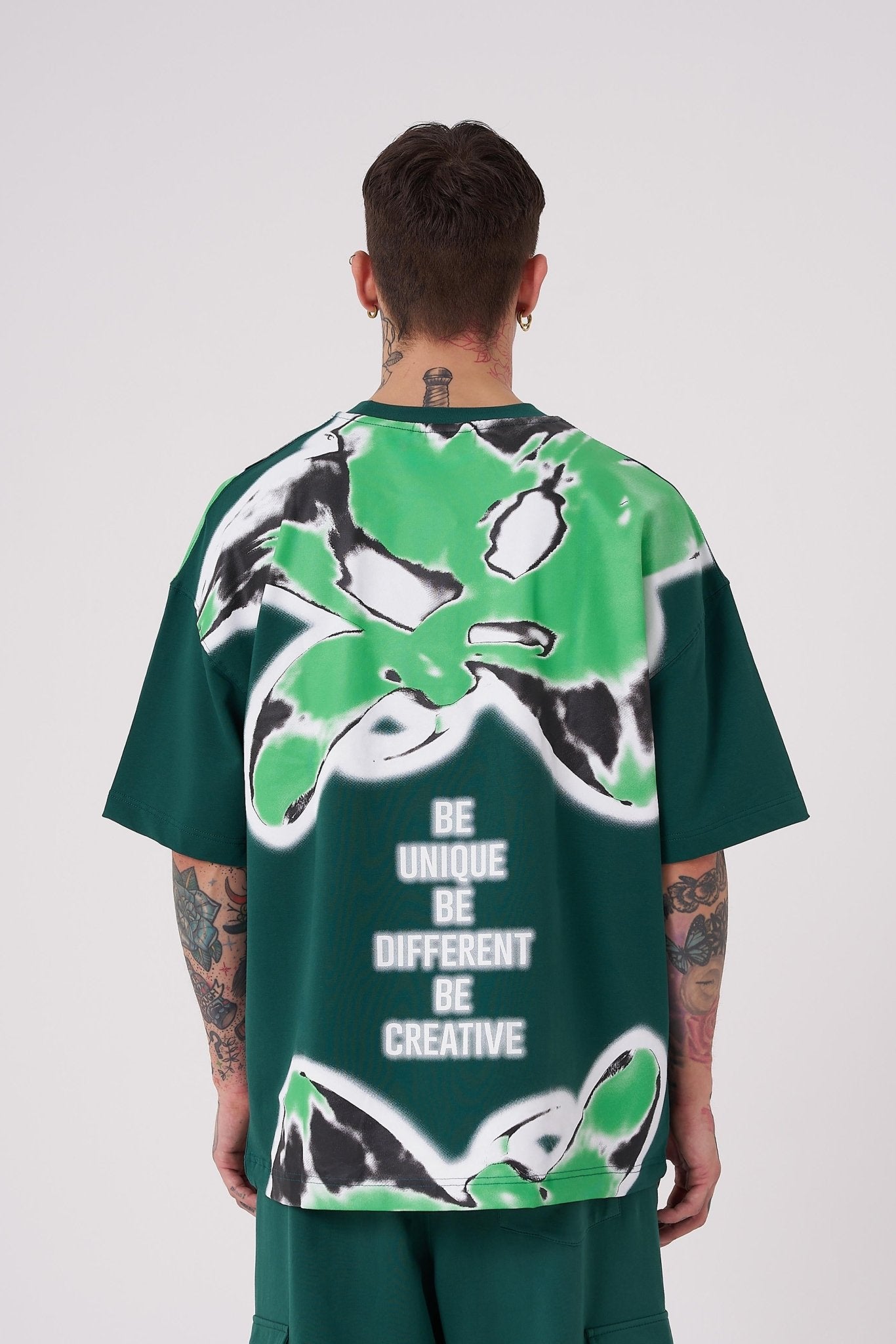 Erkek Lotus Flower Baskılı Oversize Tişört Yağ Yeşili