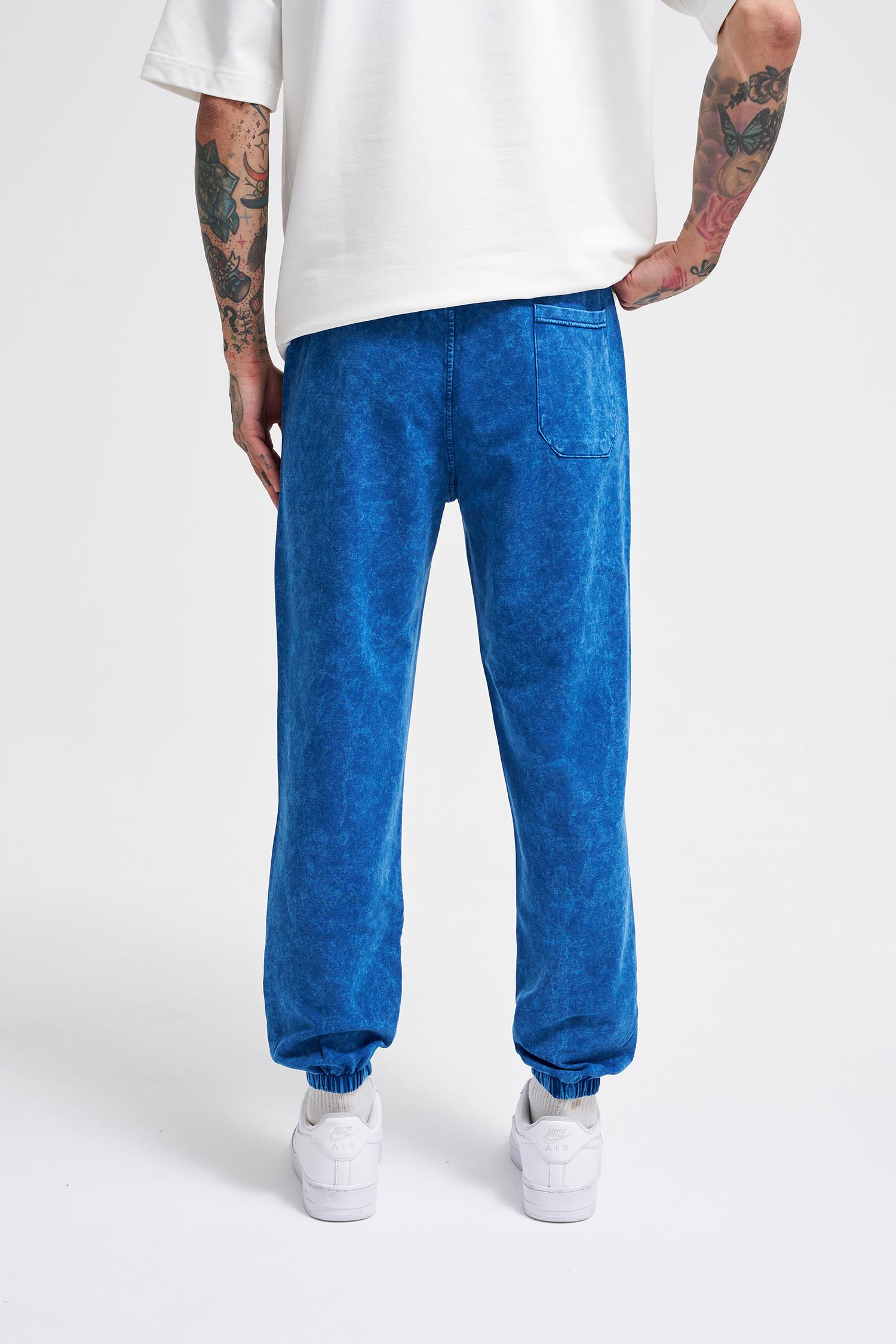 Erkek Luxury Basic Yıkamalı Jogger Eşofman Altı Indigo Efektli