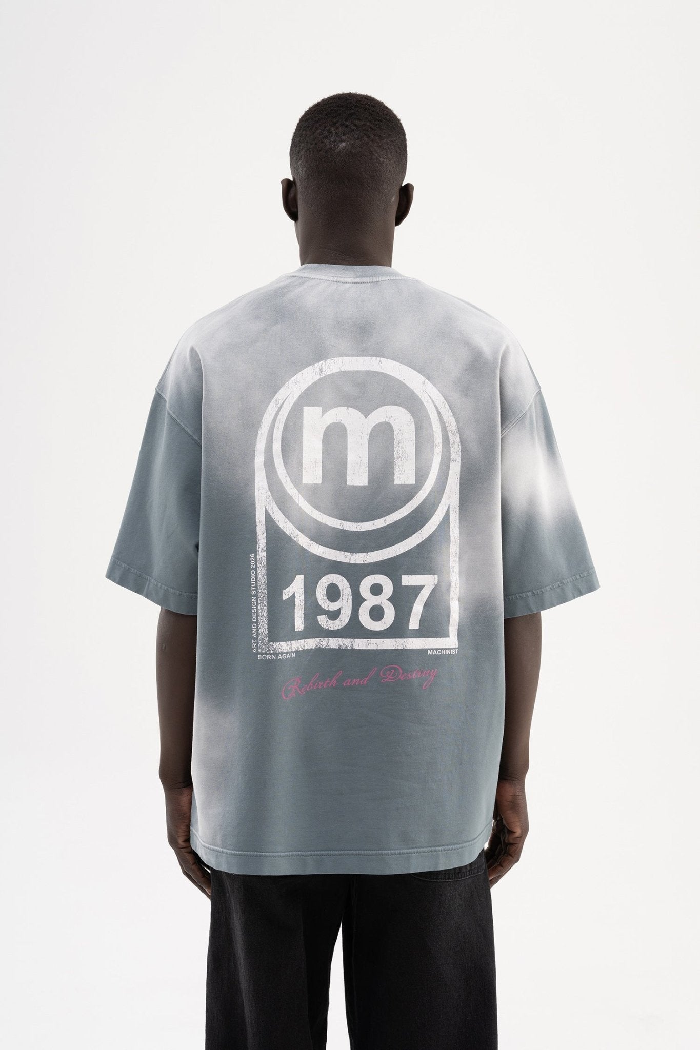 Erkek M Logo Baskılı Yıkamalı Oversize Tişört Gri
