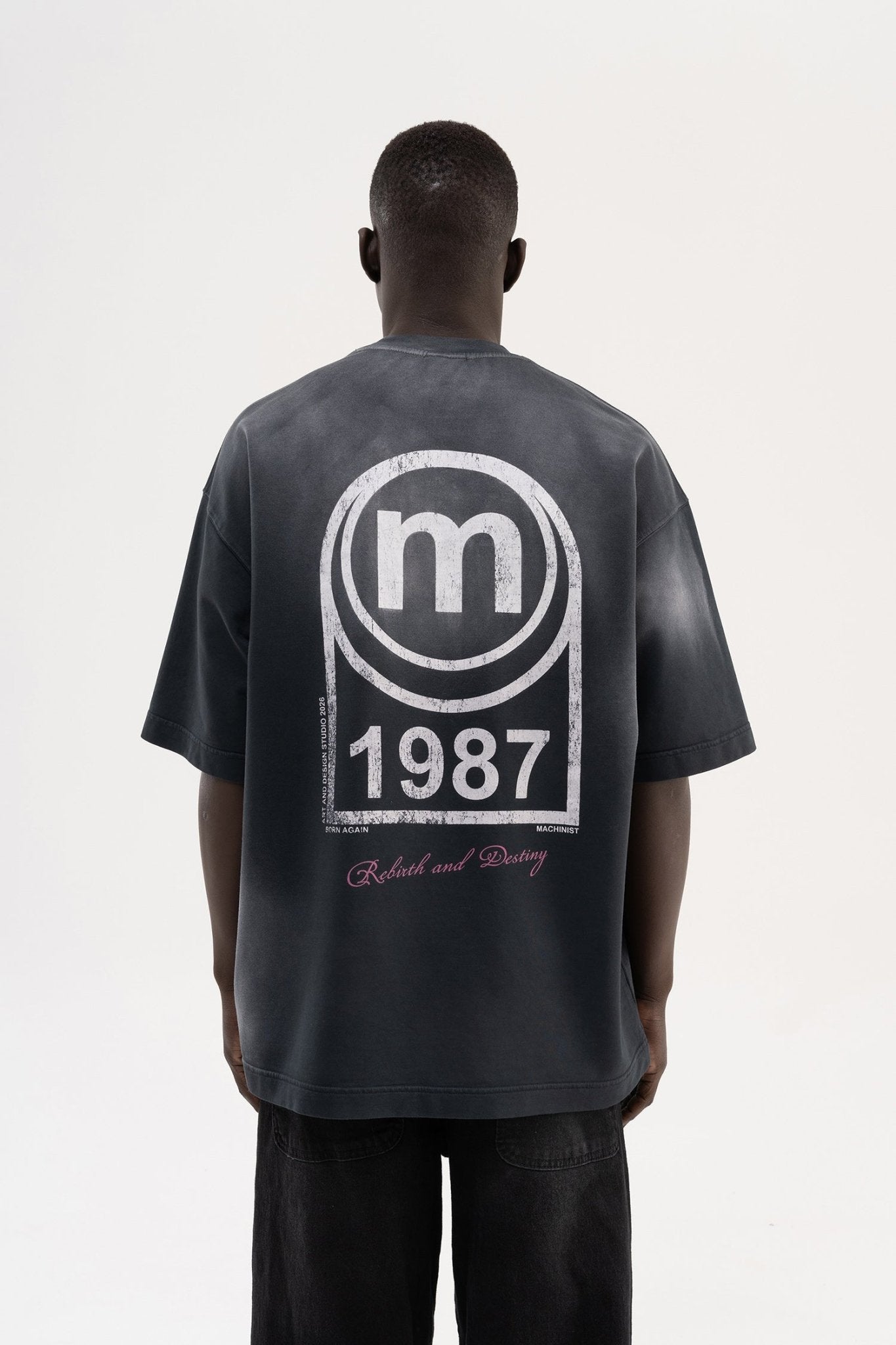 Erkek M Logo Baskılı Yıkamalı Oversize Tişört Siyah