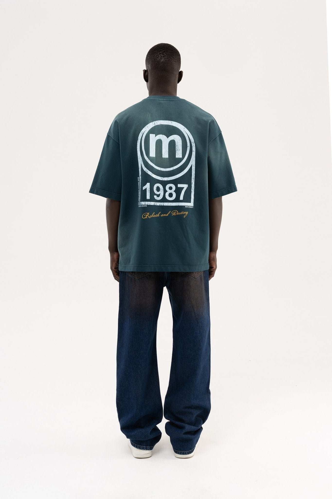 Erkek M Logo Baskılı Yıkamalı Oversize Tişört Yağ Yeşili
