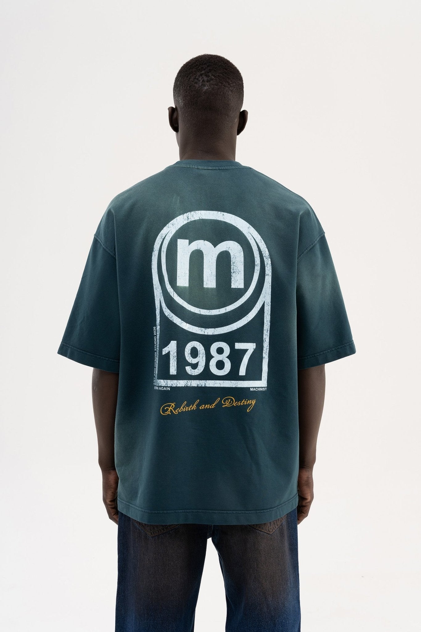 Erkek M Logo Baskılı Yıkamalı Oversize Tişört Yağ Yeşili