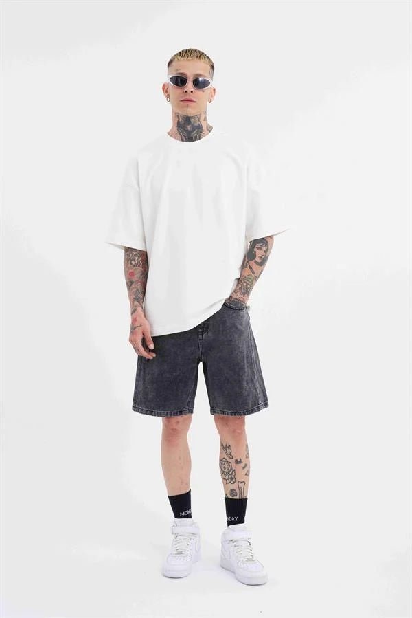 Erkek M Logo Jean Short Gri