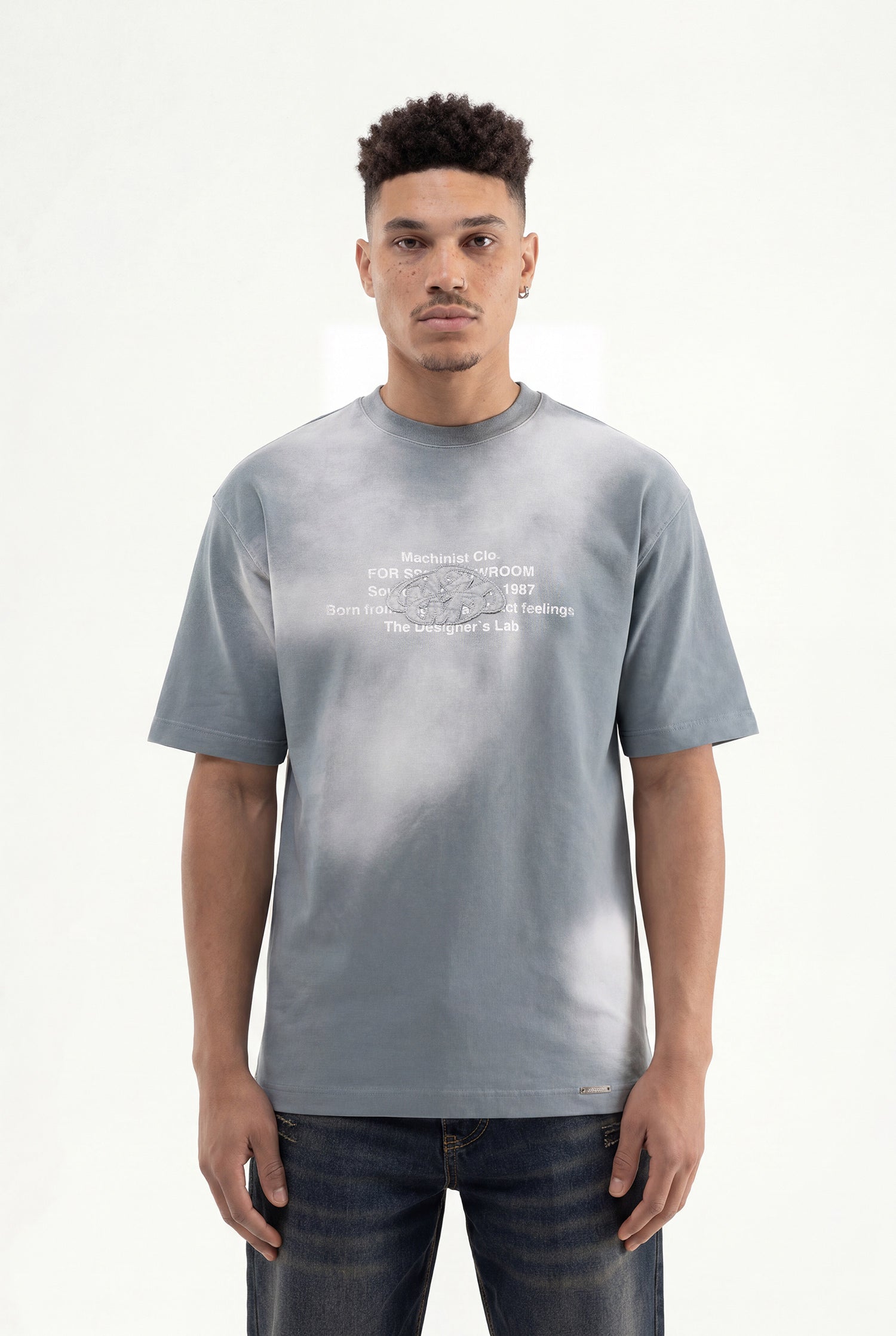 Erkek M Logo Patched Washing Oversize Tişört Gri