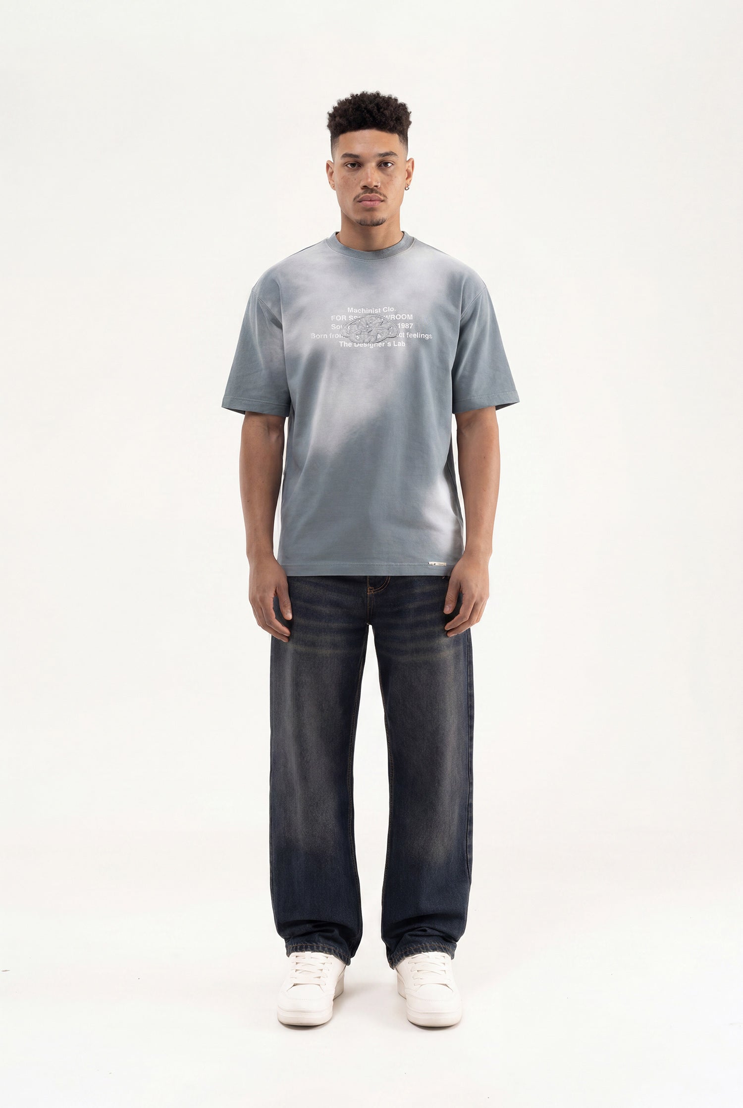 Erkek M Logo Patched Washing Oversize Tişört Gri-4