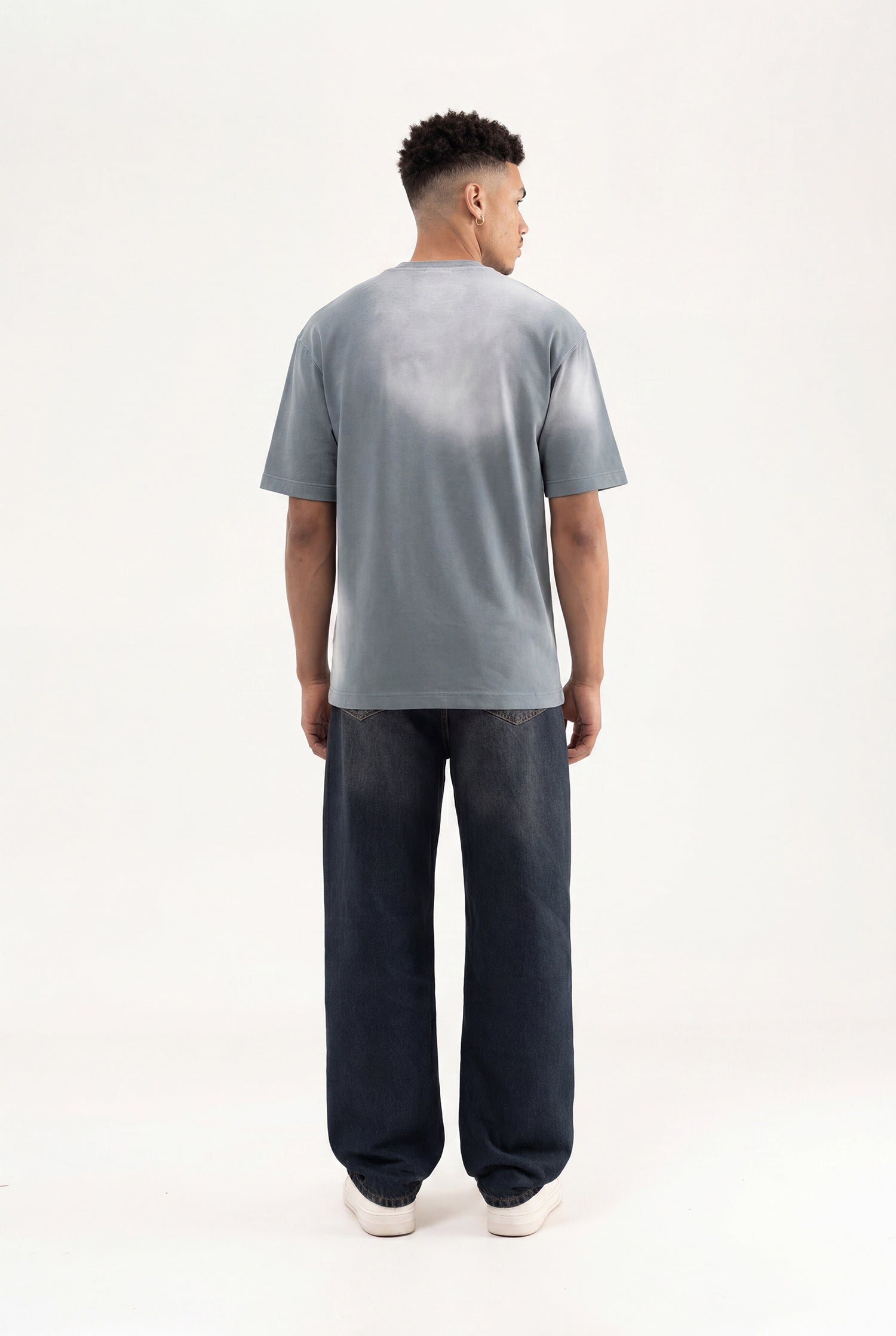 Erkek M Logo Patched Washing Oversize Tişört Gri-5