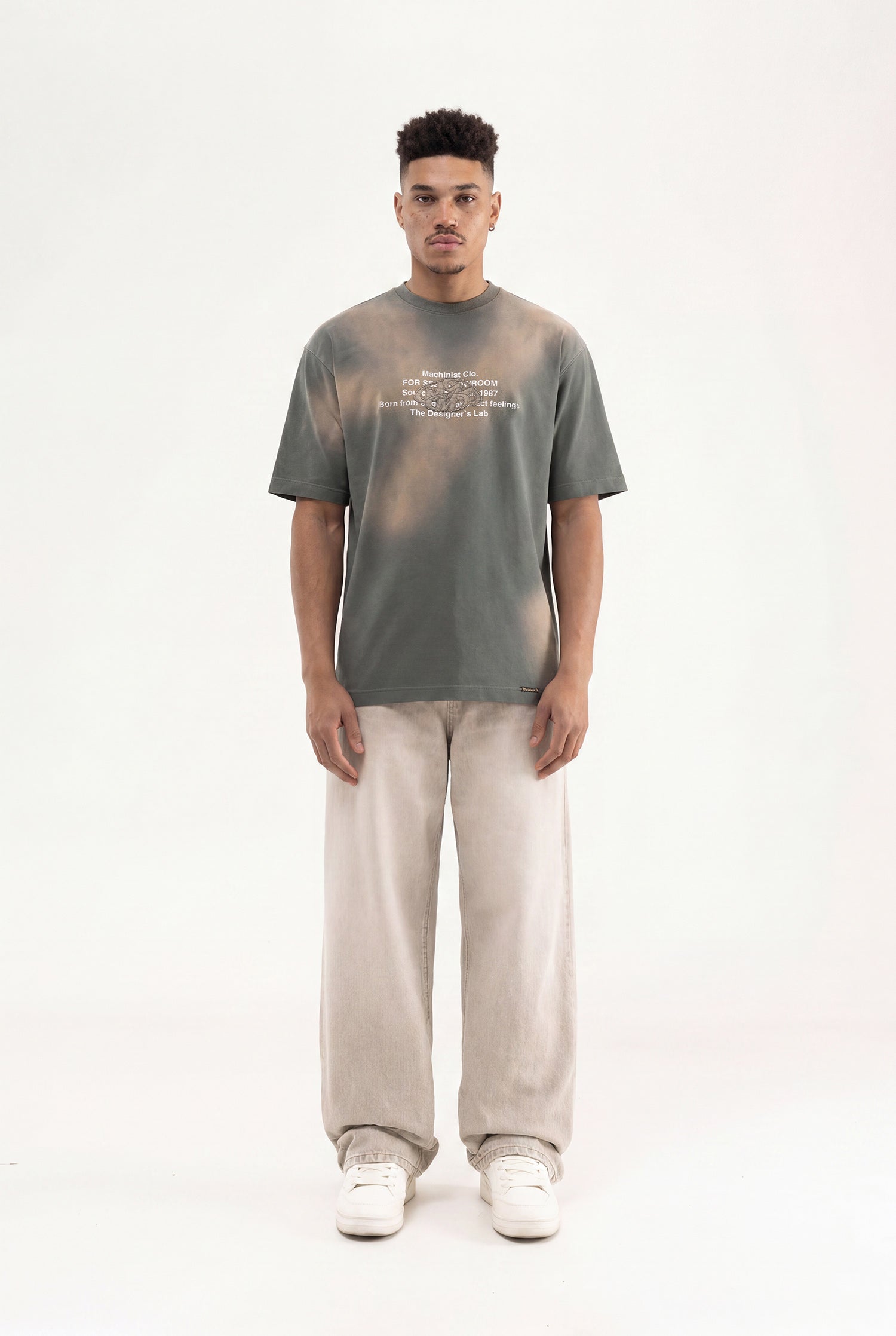 Erkek M Logo Patched Washing Oversize Tişört Haki-4