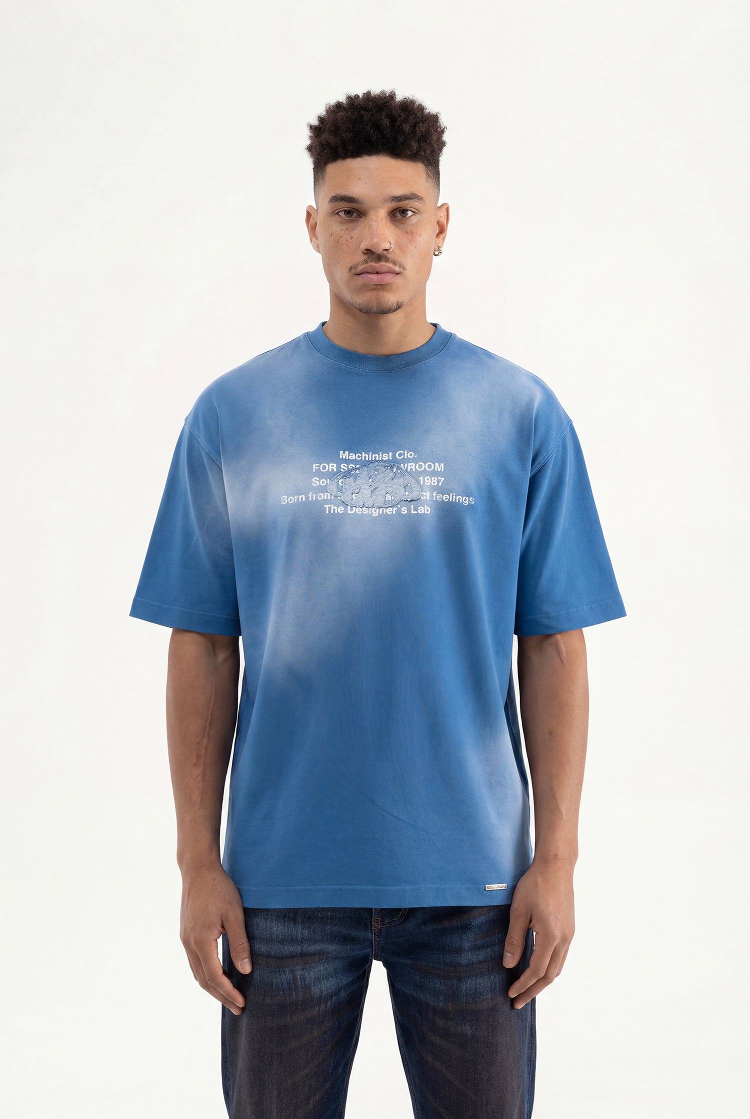 Erkek M Logo Patched Washing Oversize Tişört Indigo