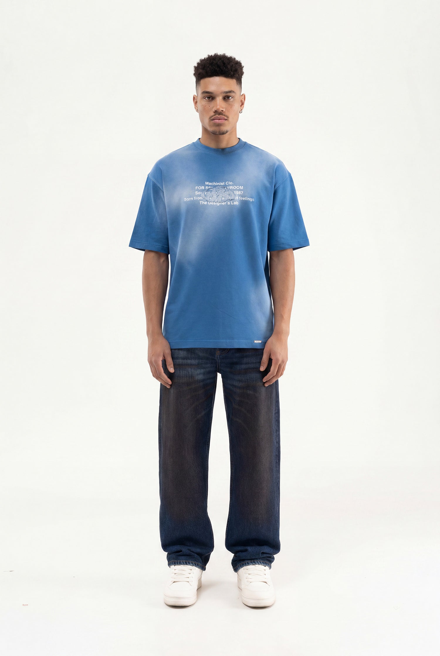 Erkek M Logo Patched Washing Oversize Tişört Indigo-4