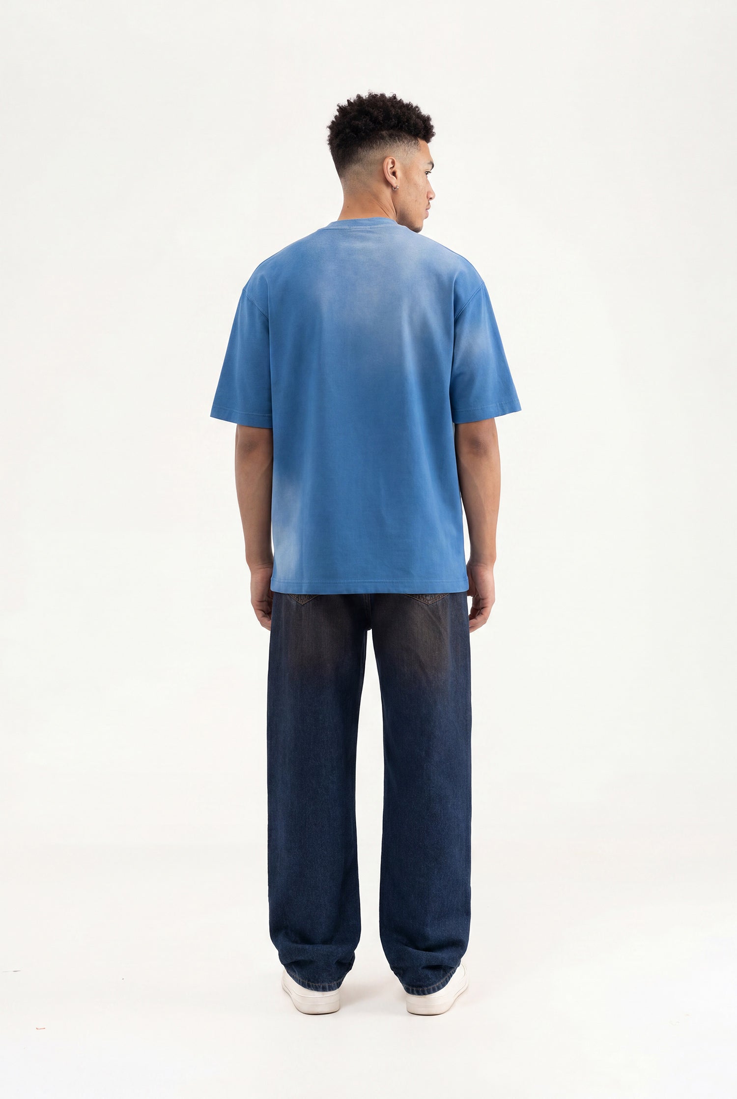 Erkek M Logo Patched Washing Oversize Tişört Indigo-5