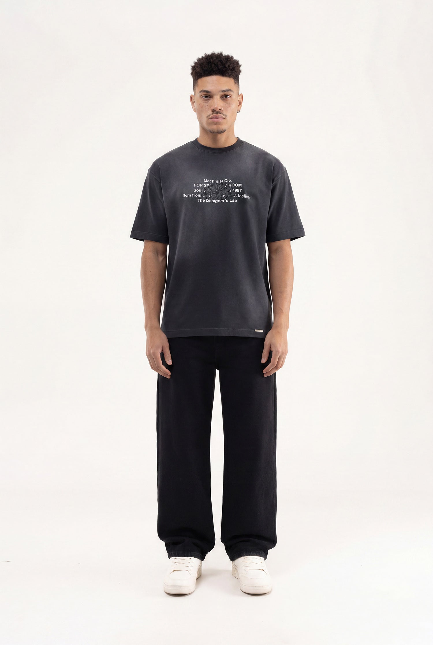 Erkek M Logo Patched Washing Oversize Tişört Siyah-4