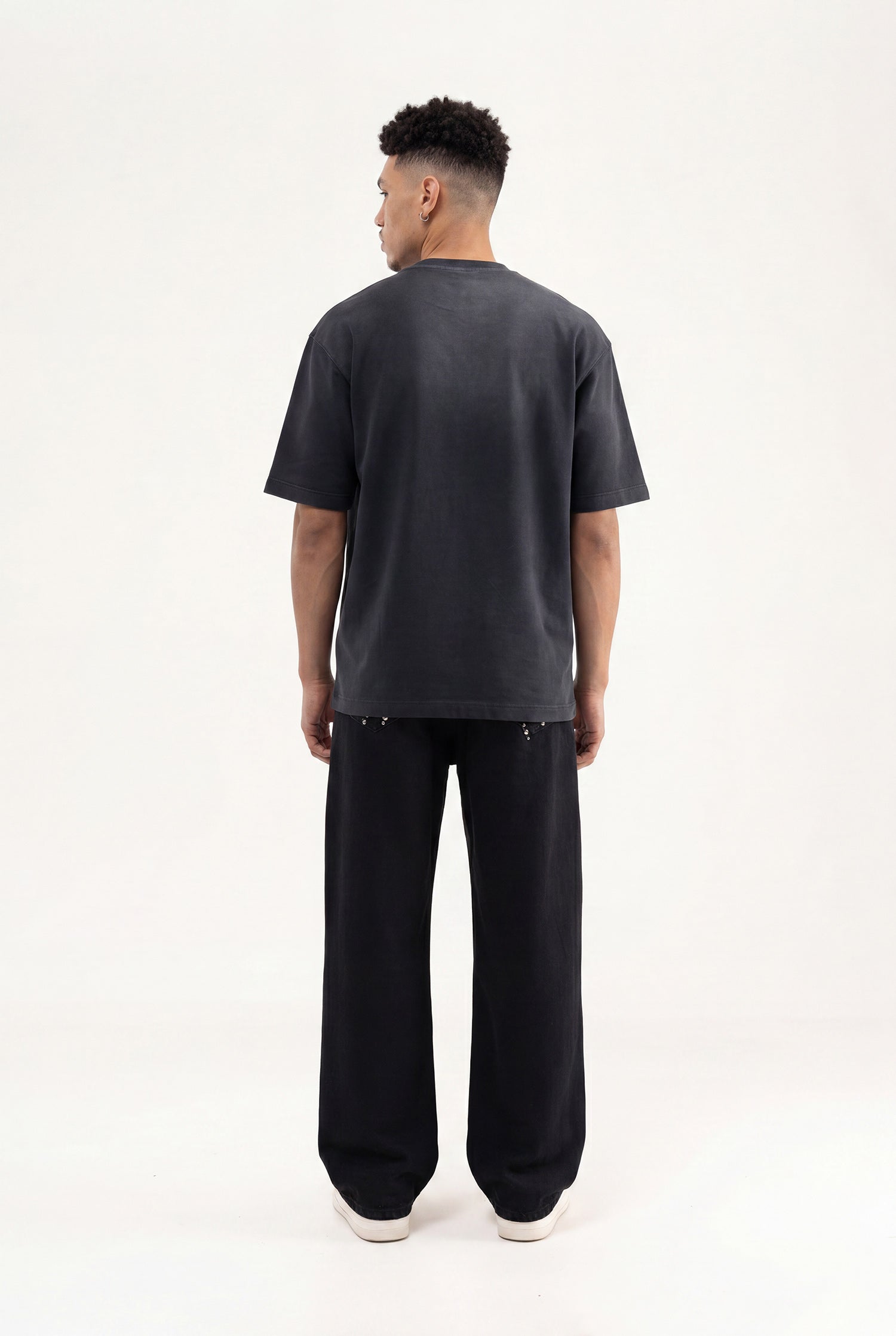 Erkek M Logo Patched Washing Oversize Tişört Siyah-5
