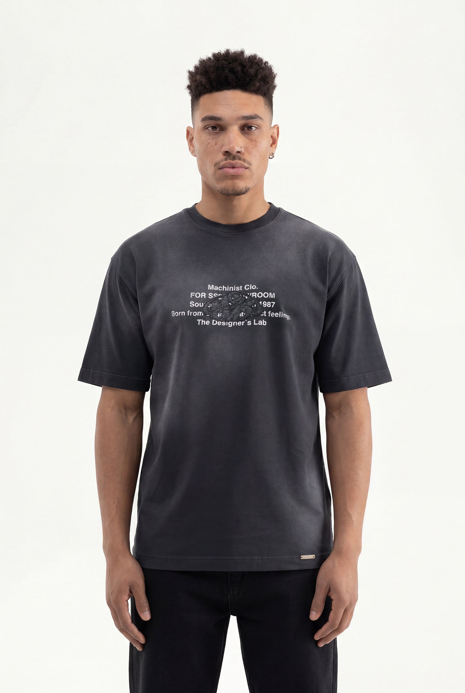 Erkek M Logo Patched Washing Oversize Tişört Siyah
