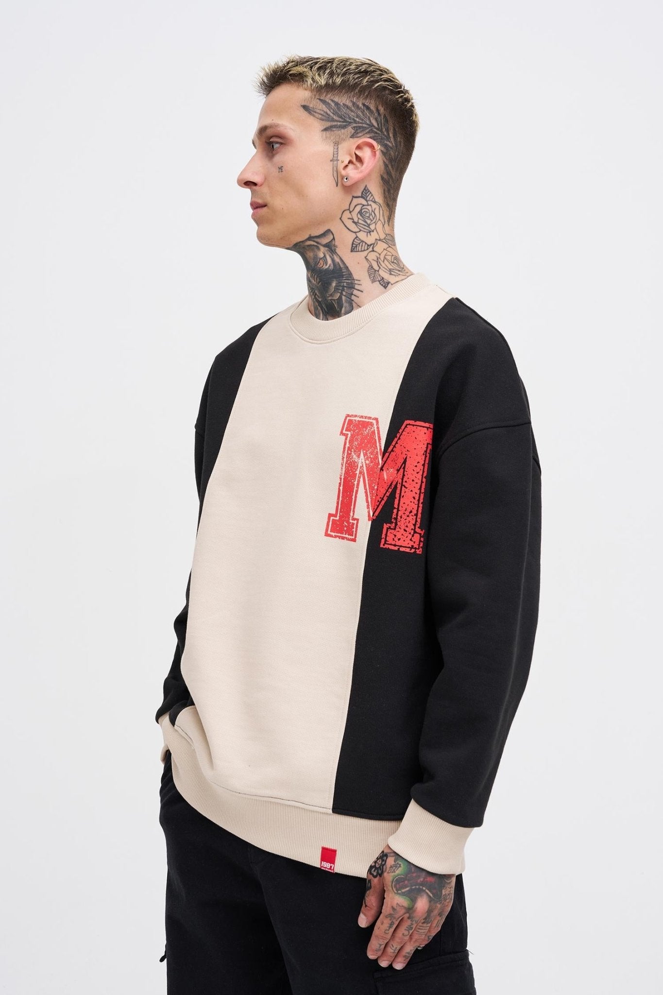 Erkek M Logo Patchwork Sweatshirt Açık Bej - Siyah