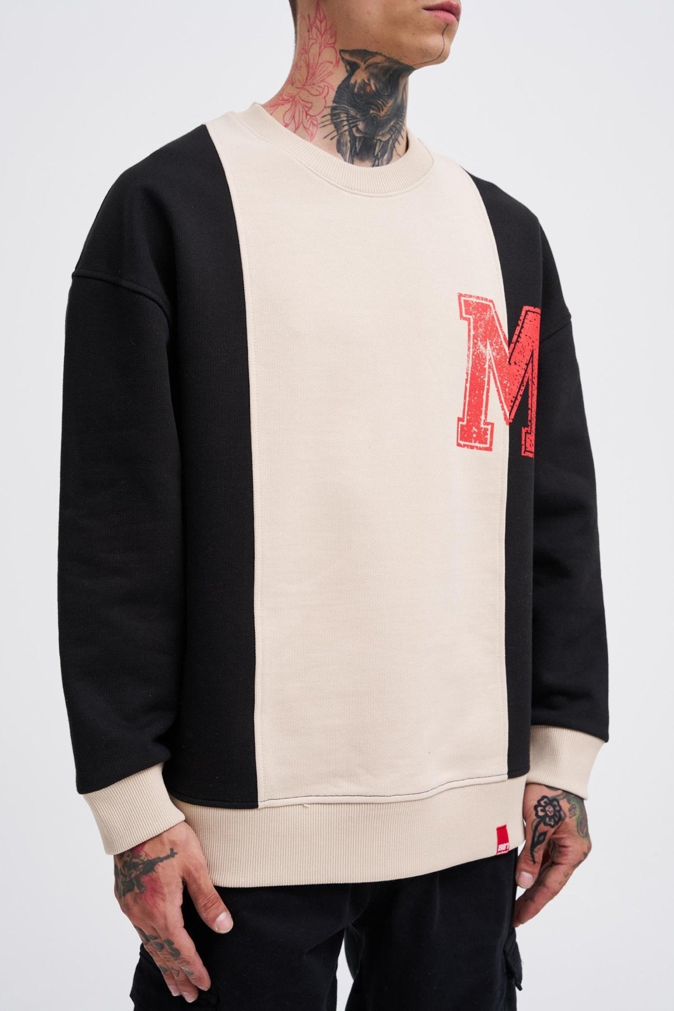 Erkek M Logo Patchwork Sweatshirt Açık Bej - Siyah