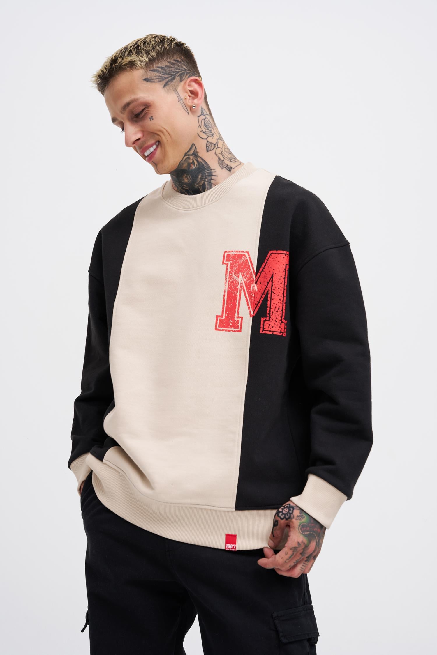 Erkek M Logo Patchwork Sweatshirt Açık Bej - Siyah