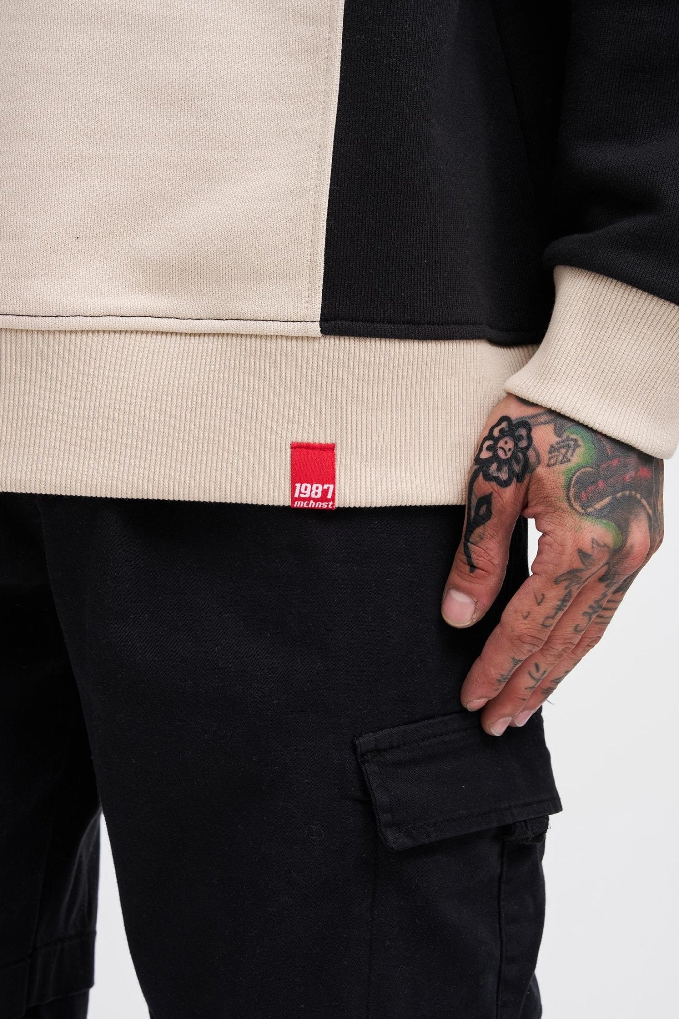 Erkek M Logo Patchwork Sweatshirt Açık Bej - Siyah