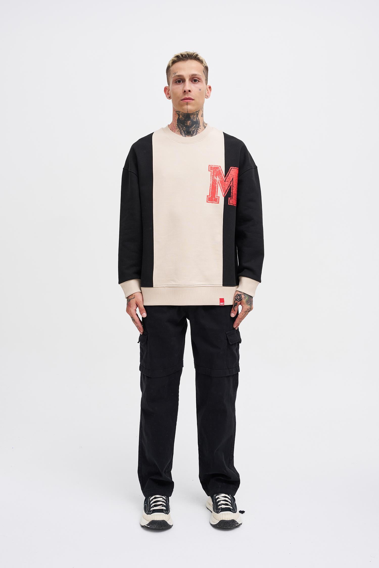 Erkek M Logo Patchwork Sweatshirt Açık Bej - Siyah
