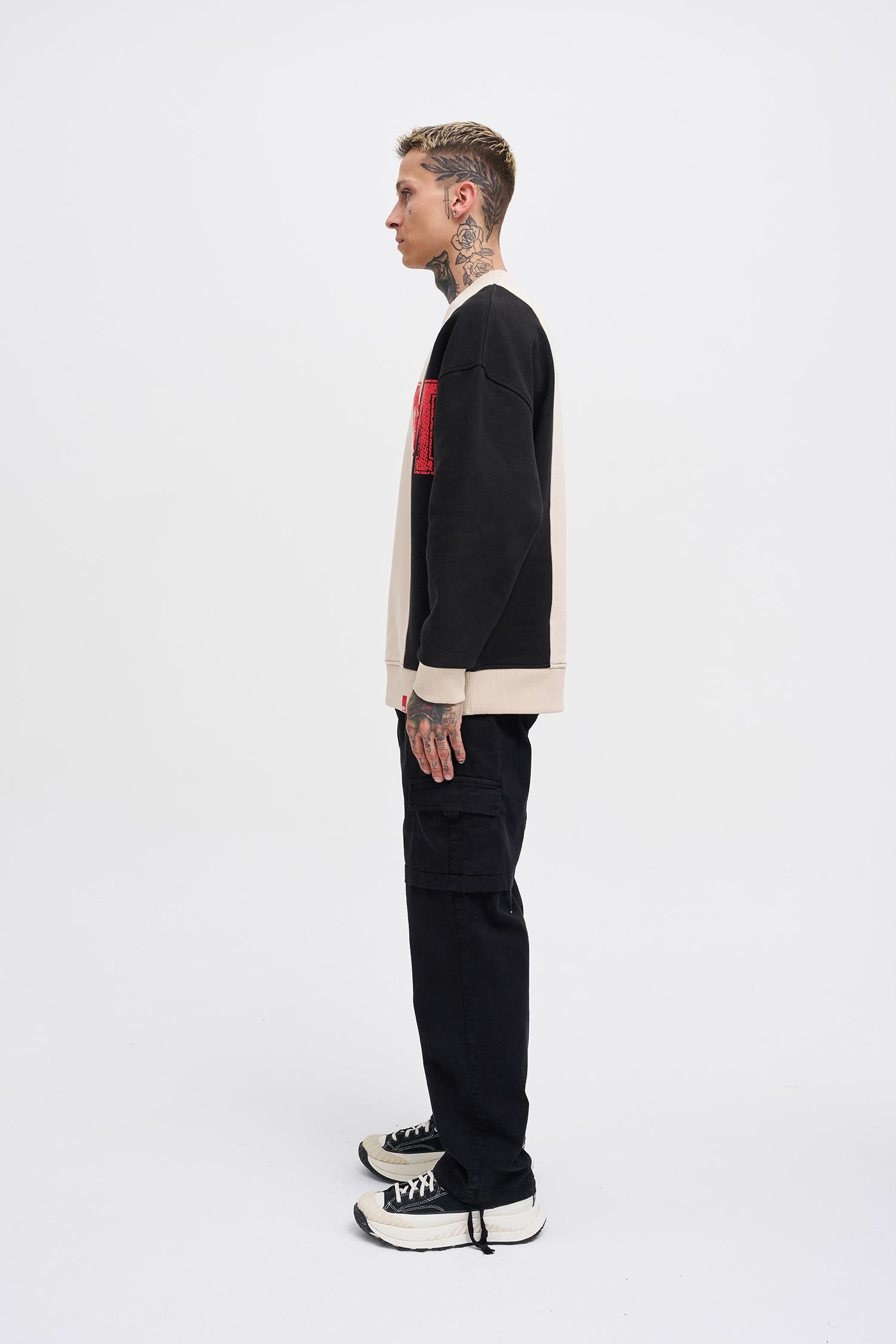 Erkek M Logo Patchwork Sweatshirt Açık Bej - Siyah