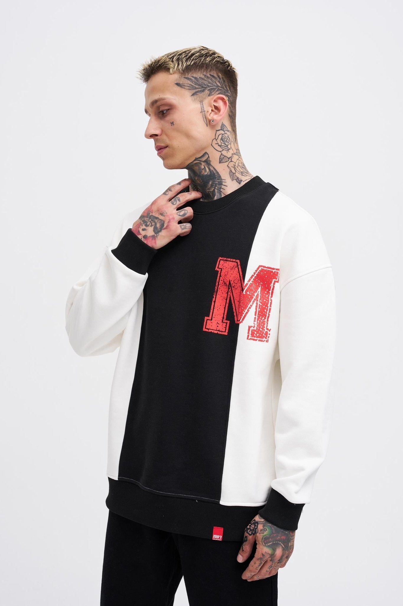 Erkek M Logo Patchwork Sweatshirt Ekru - Siyah