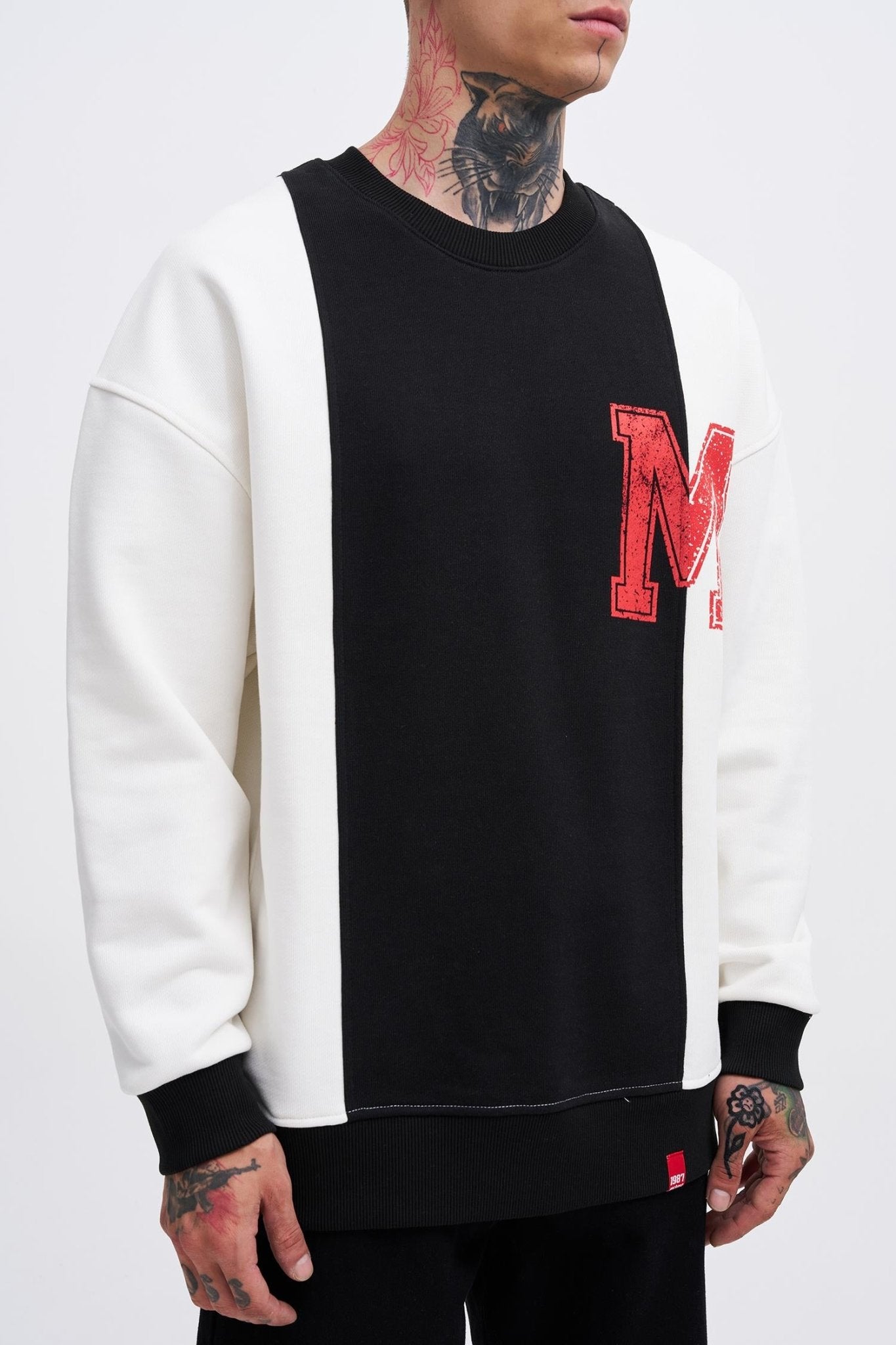 Erkek M Logo Patchwork Sweatshirt Ekru - Siyah