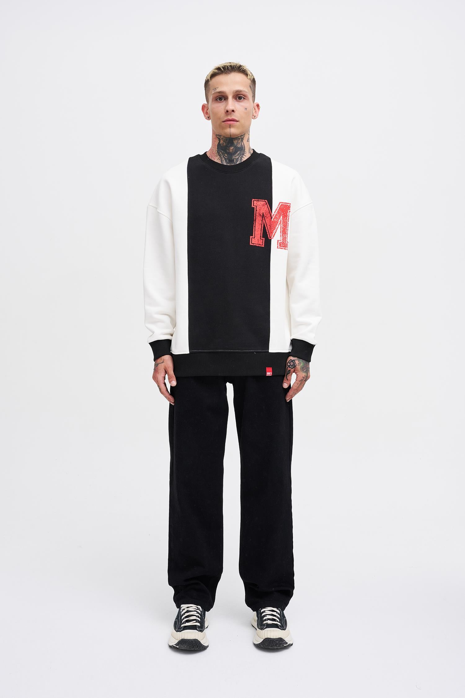 Erkek M Logo Patchwork Sweatshirt Ekru - Siyah