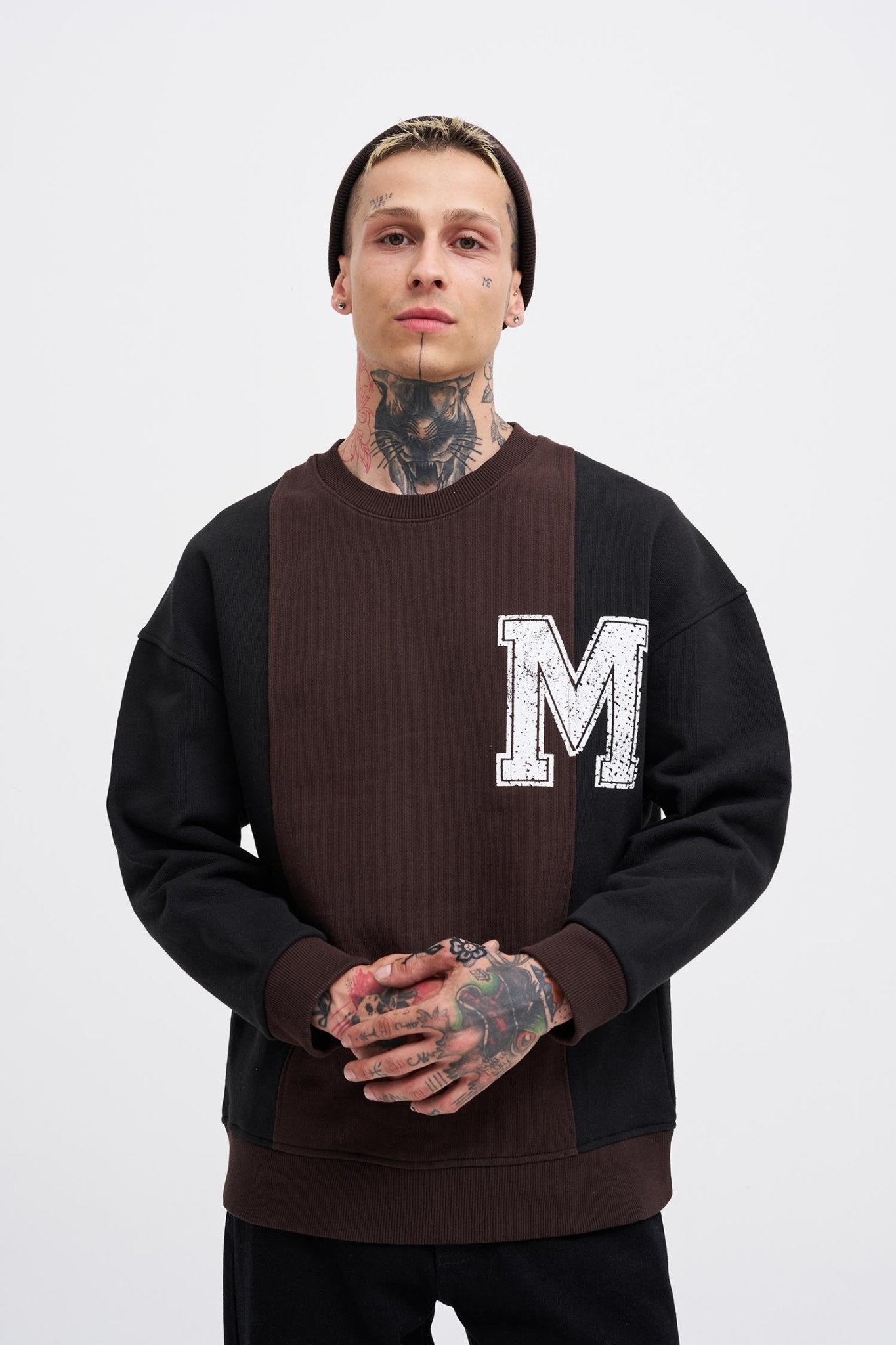 Erkek M Logo Patchwork Sweatshirt Kahverengi - Siyah