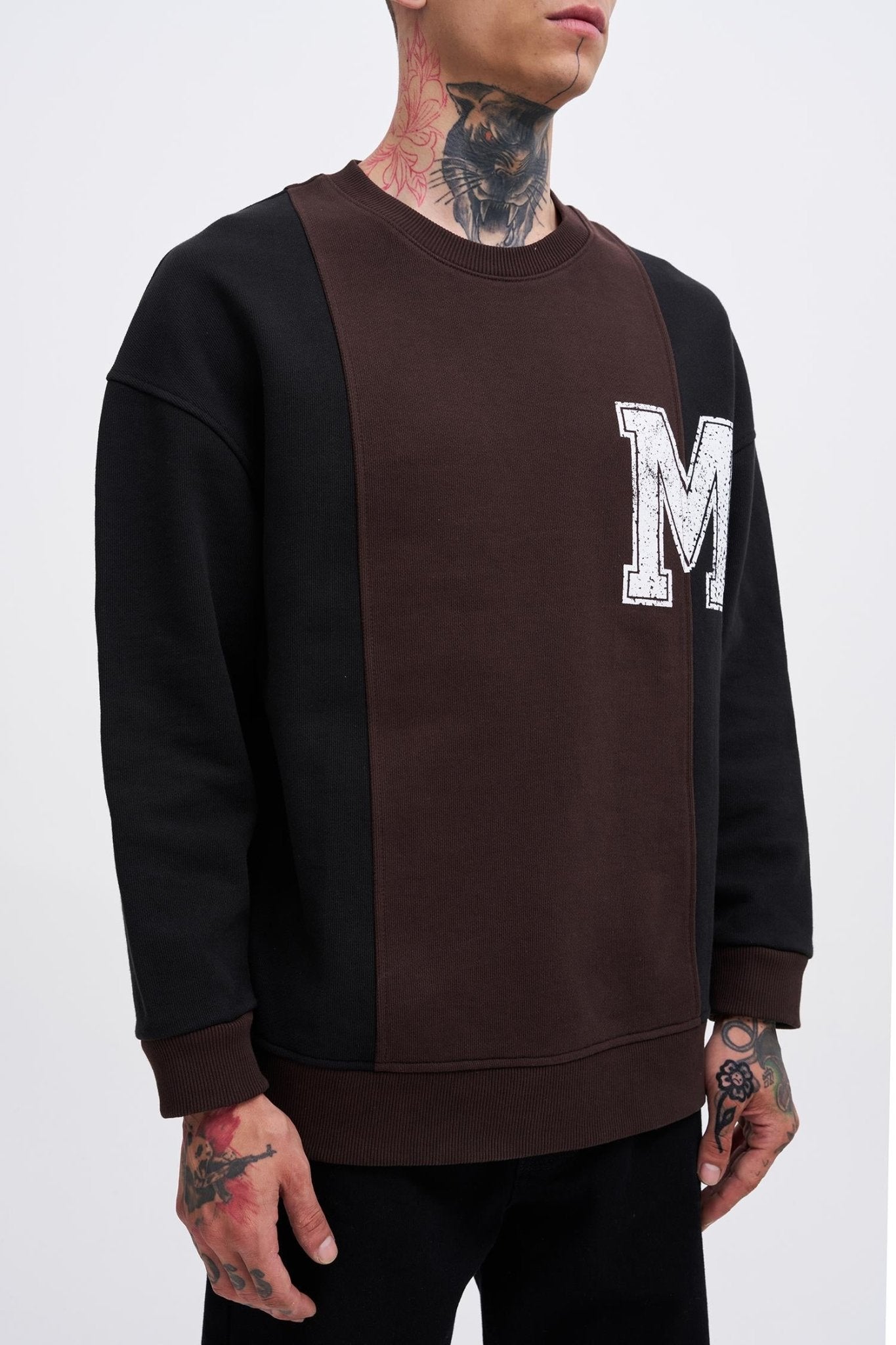 Erkek M Logo Patchwork Sweatshirt Kahverengi - Siyah