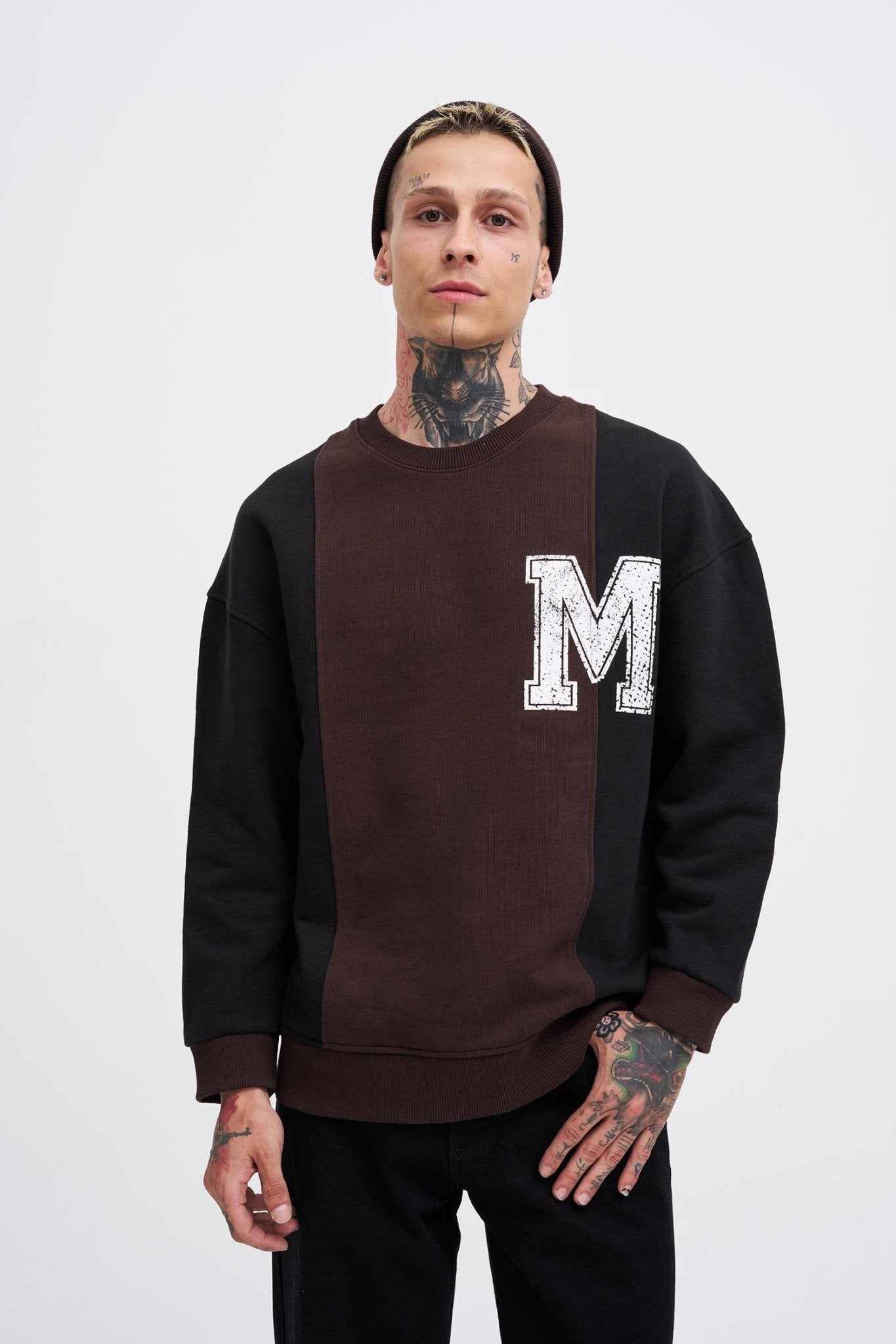 Erkek M Logo Patchwork Sweatshirt Kahverengi - Siyah